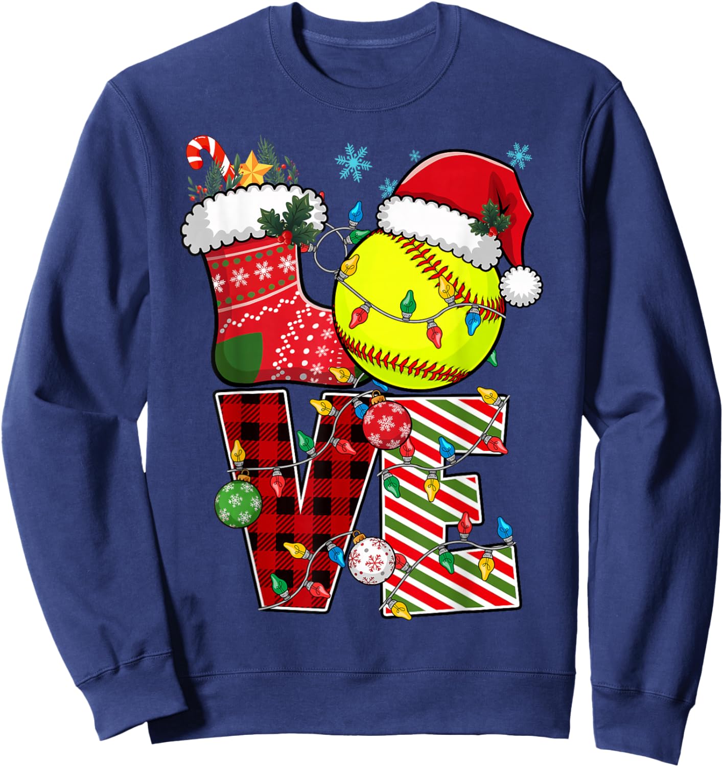 Love Softball Christmas Santa Hat Softball Plaid Color Xmas Sweatshirt - Sweatshirt | Navy