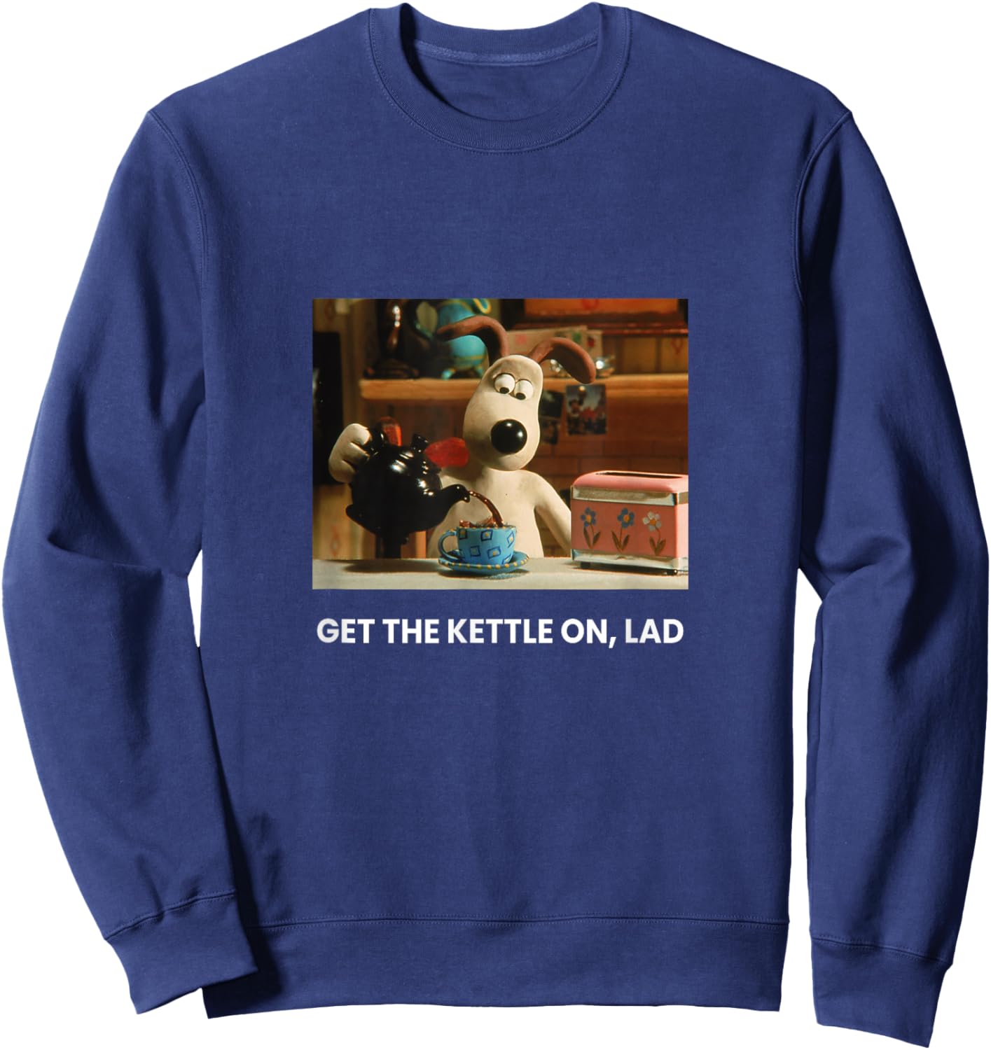Wallace & Gromit Get The Kettle On Lad Logo - Adults, Black, Small, Short Sleeve, Cotton, Loose Fit, Printed Logo Sweatshirt - Sweatshirt | Navy