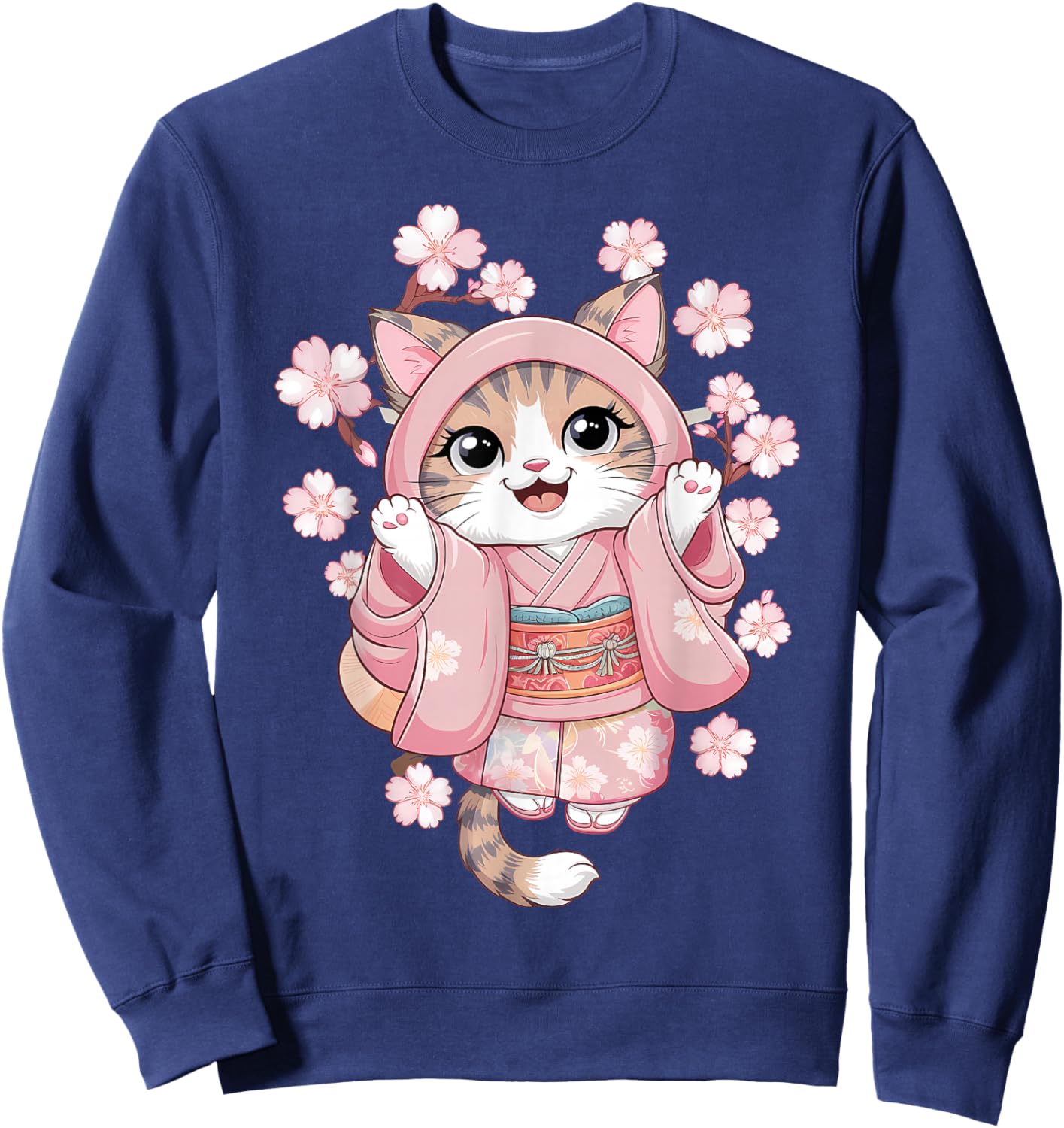 Cherry Blossom Japanese Anime Kawaii Cat Kimono Dress Sweatshirt - Sweatshirt | Navy