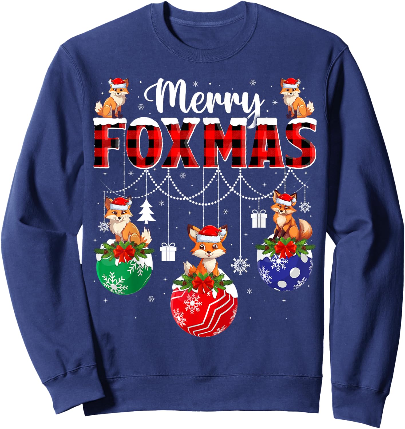 Merry Foxmas Xmas Decoration Lights Santa Fox Christmas Sweatshirt - Sweatshirt | Navy