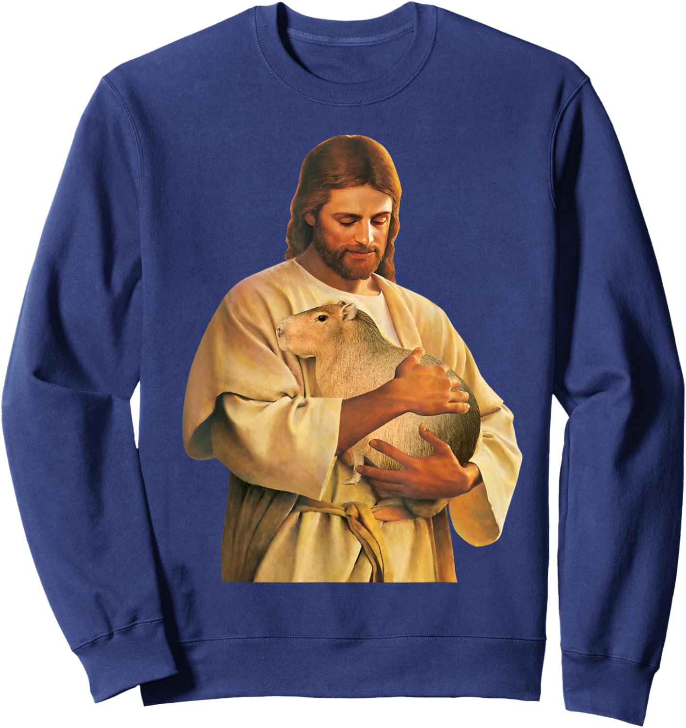 Funny Meme Capybara Lover Cute Jesus Holding Capybara Joke Sweatshirt - Sweatshirt | Navy