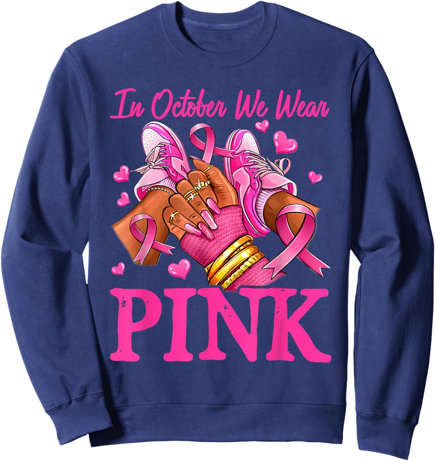 In October We Wear Pink Black Women Breast Cancer Awareness Sweatshirt - Sweatshirt | Navy