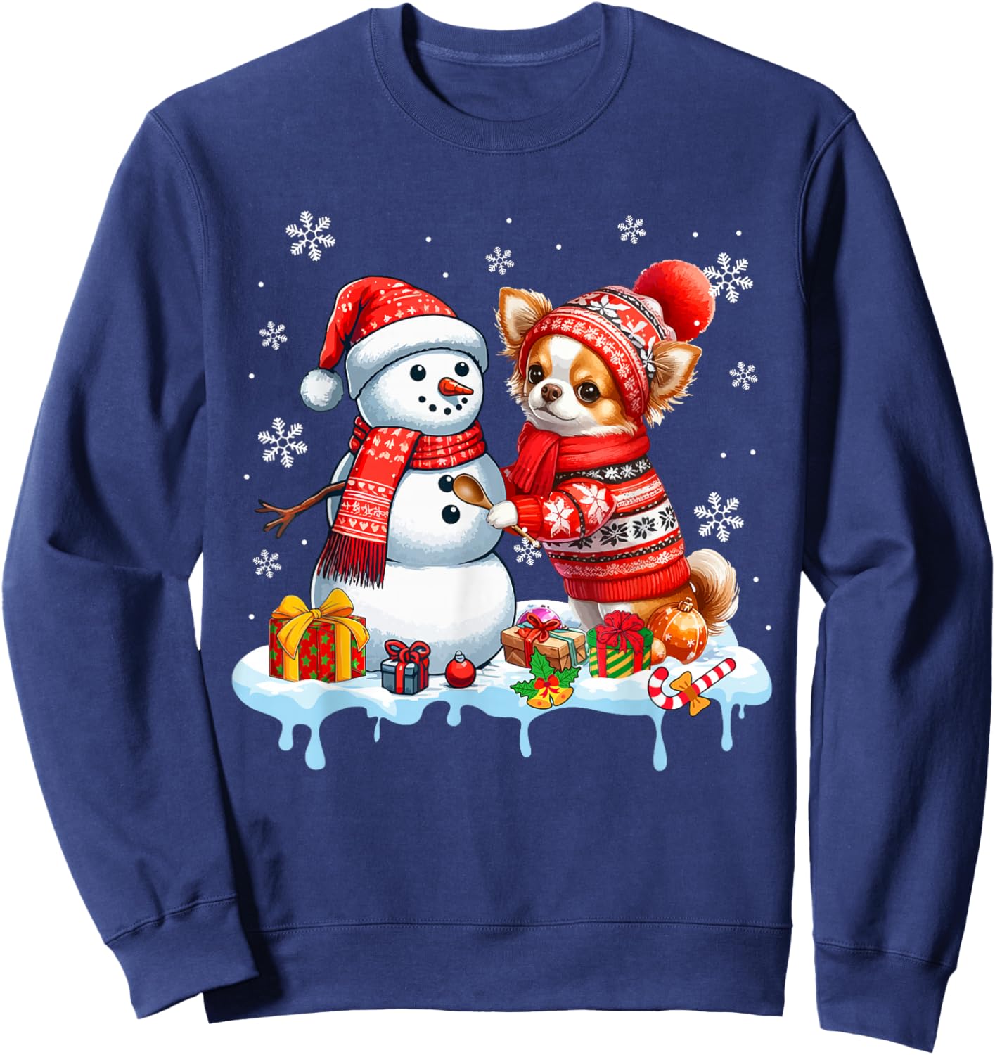 Santa Chihuahua Builds Snowman Christmas Dog Owner Kids Sweatshirt - Sweatshirt | Navy