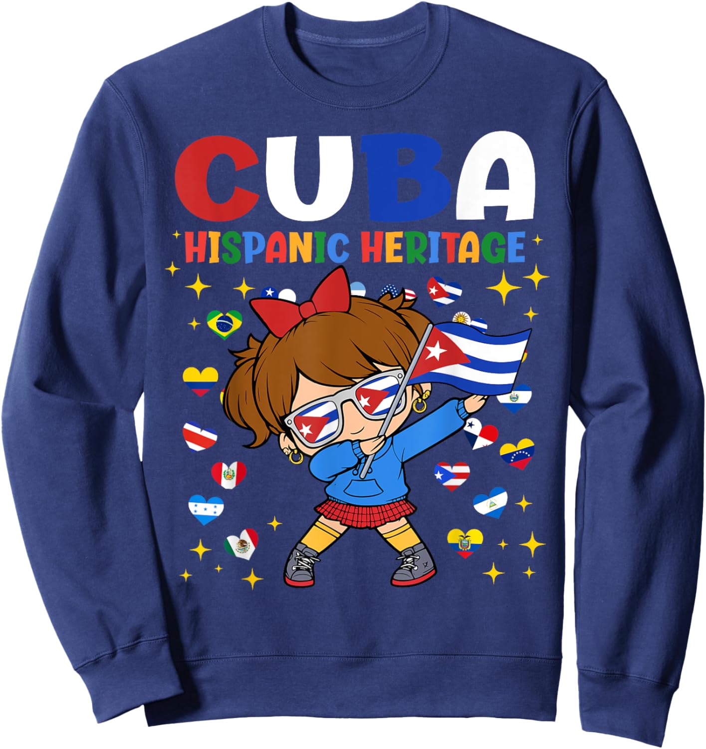 Hispanic Heritage Month Cuba Flag Cuban Girl Kids Sweatshirt - Sweatshirt | Navy