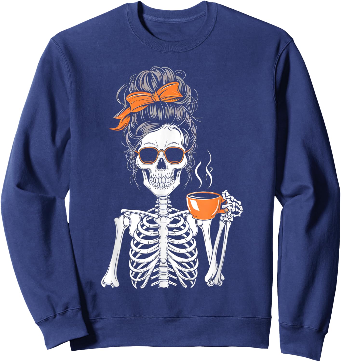 Halloween Skeleton Messy Bun Coffee Funny Costume Mom Women Sweatshirt - Sweatshirt | Navy