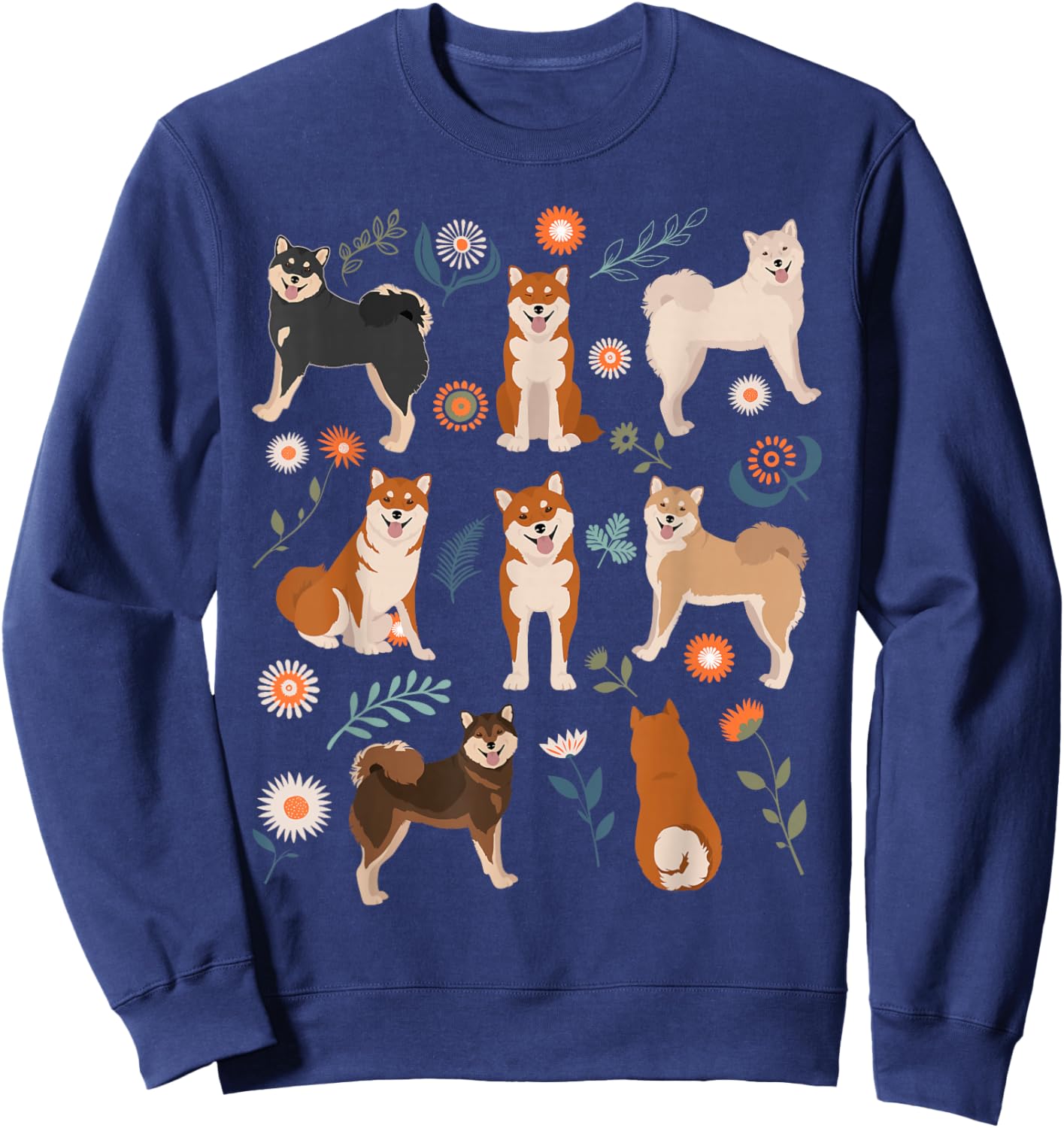Shiba Inu Dog Flowers, Cute Pet Red Black Tan White Sesame Sweatshirt - Sweatshirt | Navy