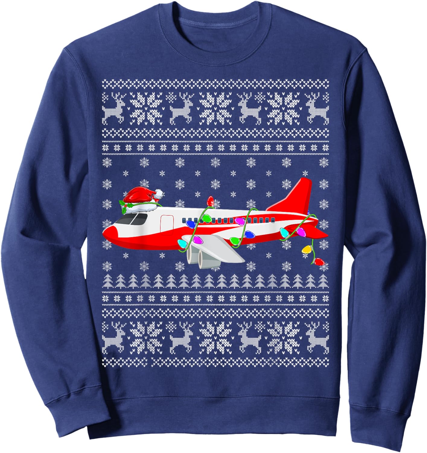 Ugly Sweater Xmas Lights Santa Hat Airplane Christmas Sweatshirt - Sweatshirt | Navy