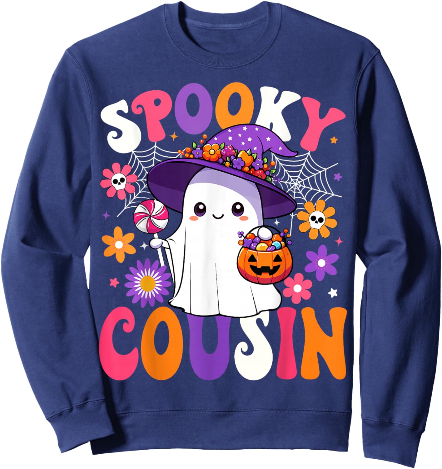 Groovy Spooky Cousin Halloween Ghost Pumpkin Halloween Sweatshirt - Sweatshirt | Navy