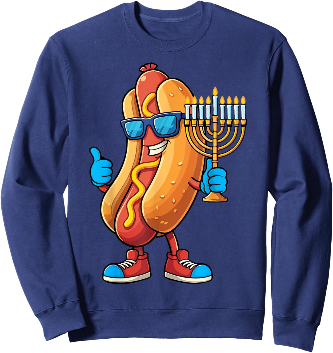 Funny Hanukkah Hot Dog with Menorah Sweatshirt - Sweatshirt | Navy