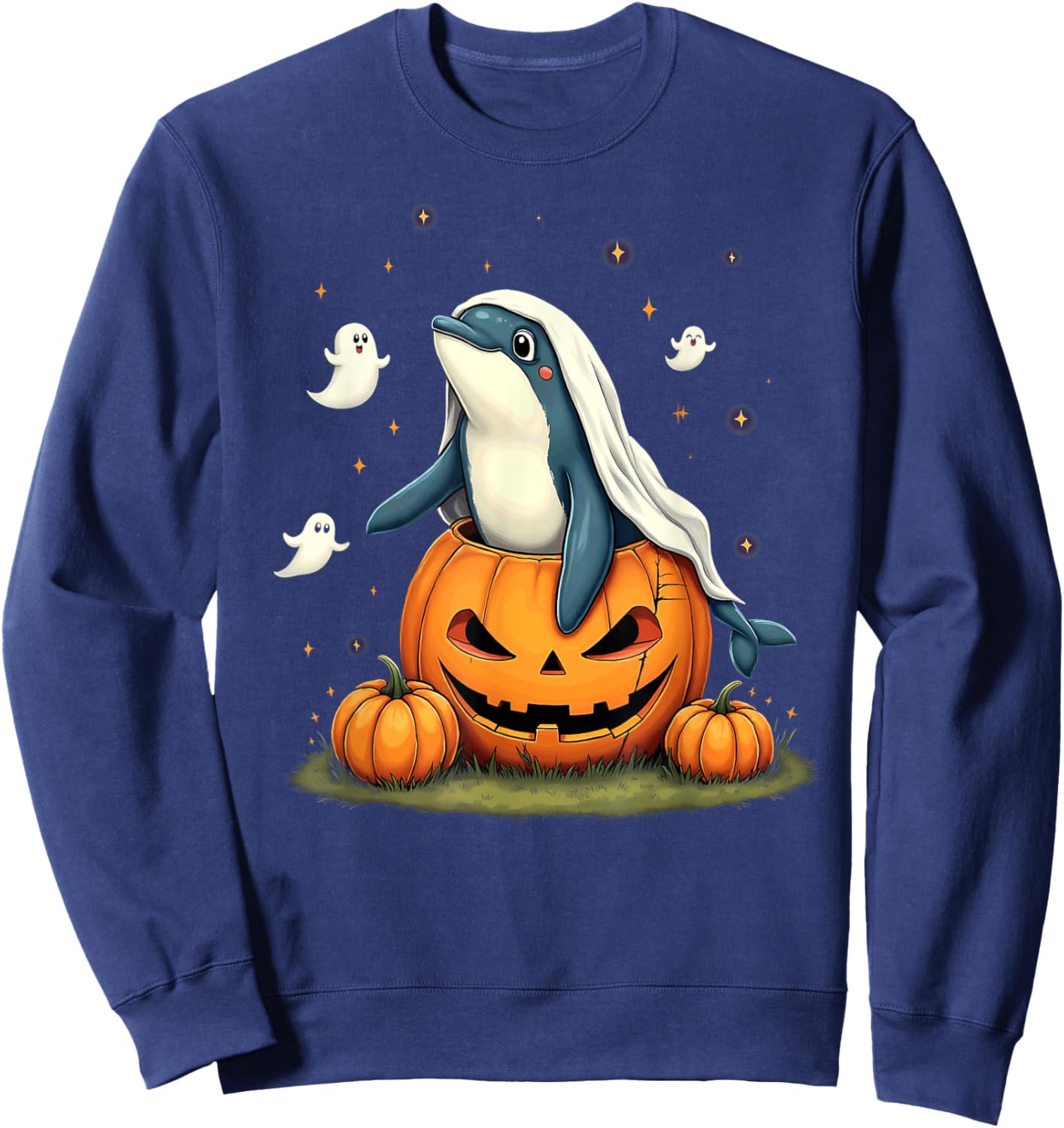 Pumpkin Boo Ghost Orca Whale Halloween Costume Sweatshirt - Sweatshirt | Navy