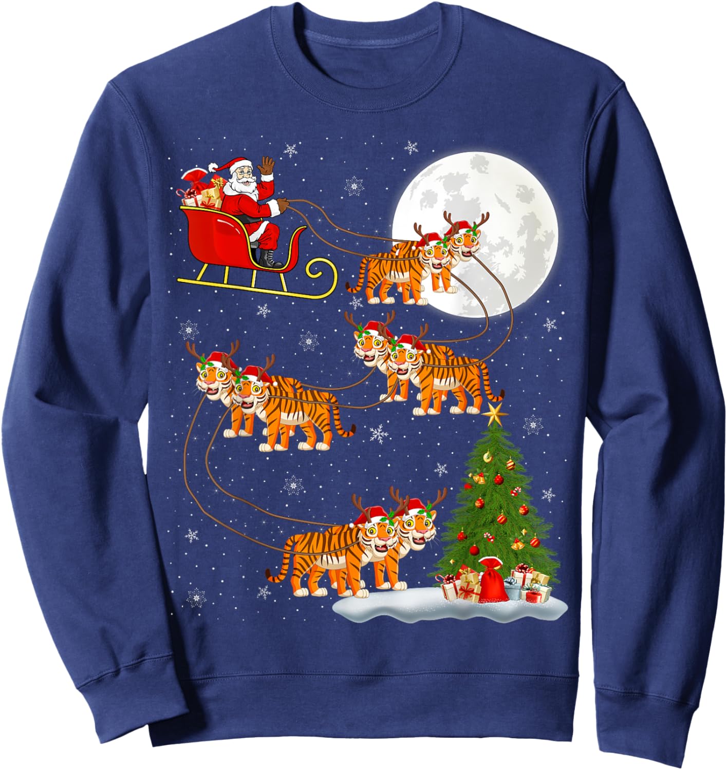 Xmas Tree Lights Funny Santa Riding Tiger Christmas Sweatshirt - Sweatshirt | Navy