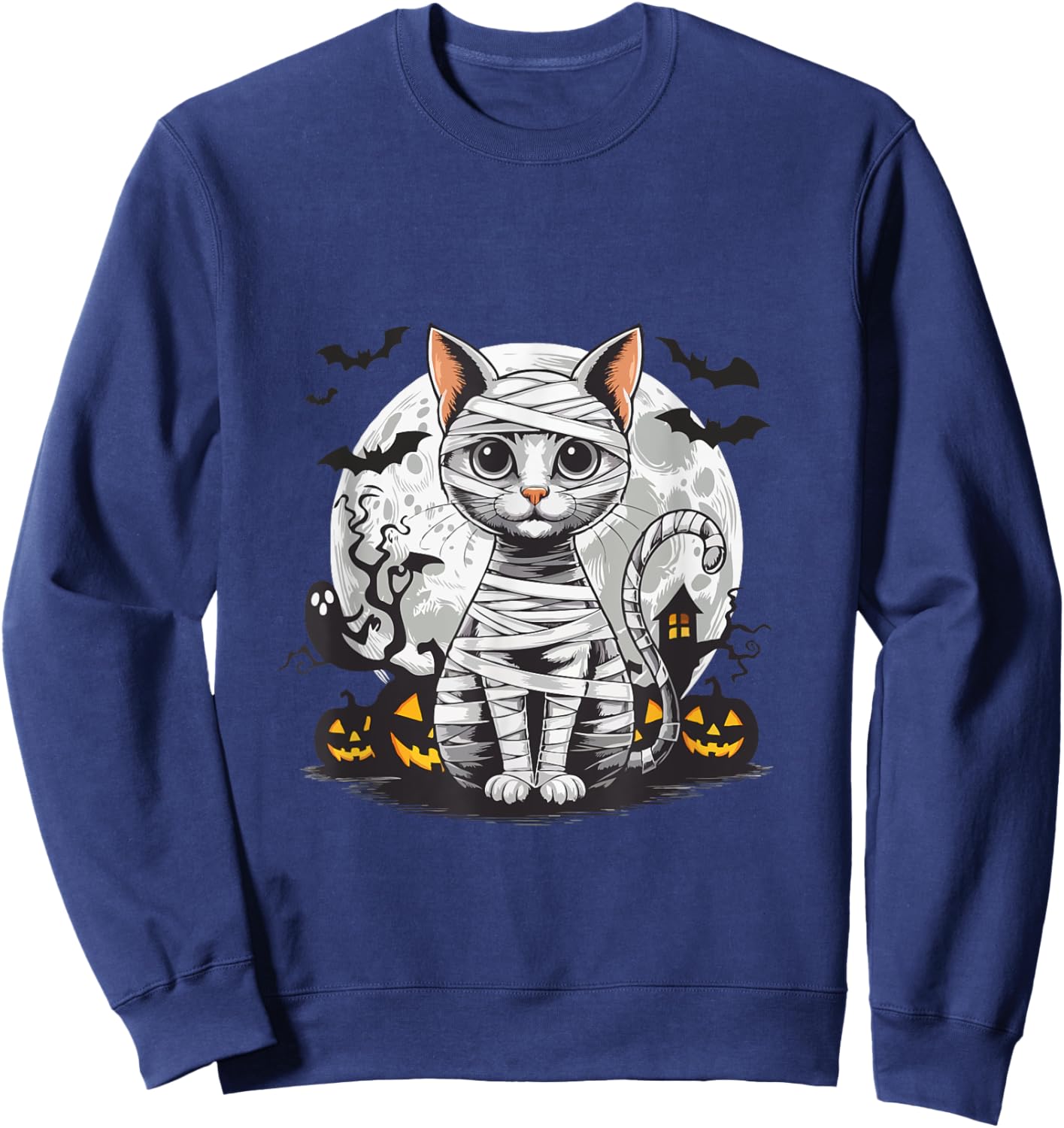 Spooky Cat Mummy Full Moon - Halloween Cat Lovers Sweatshirt - Sweatshirt | Navy