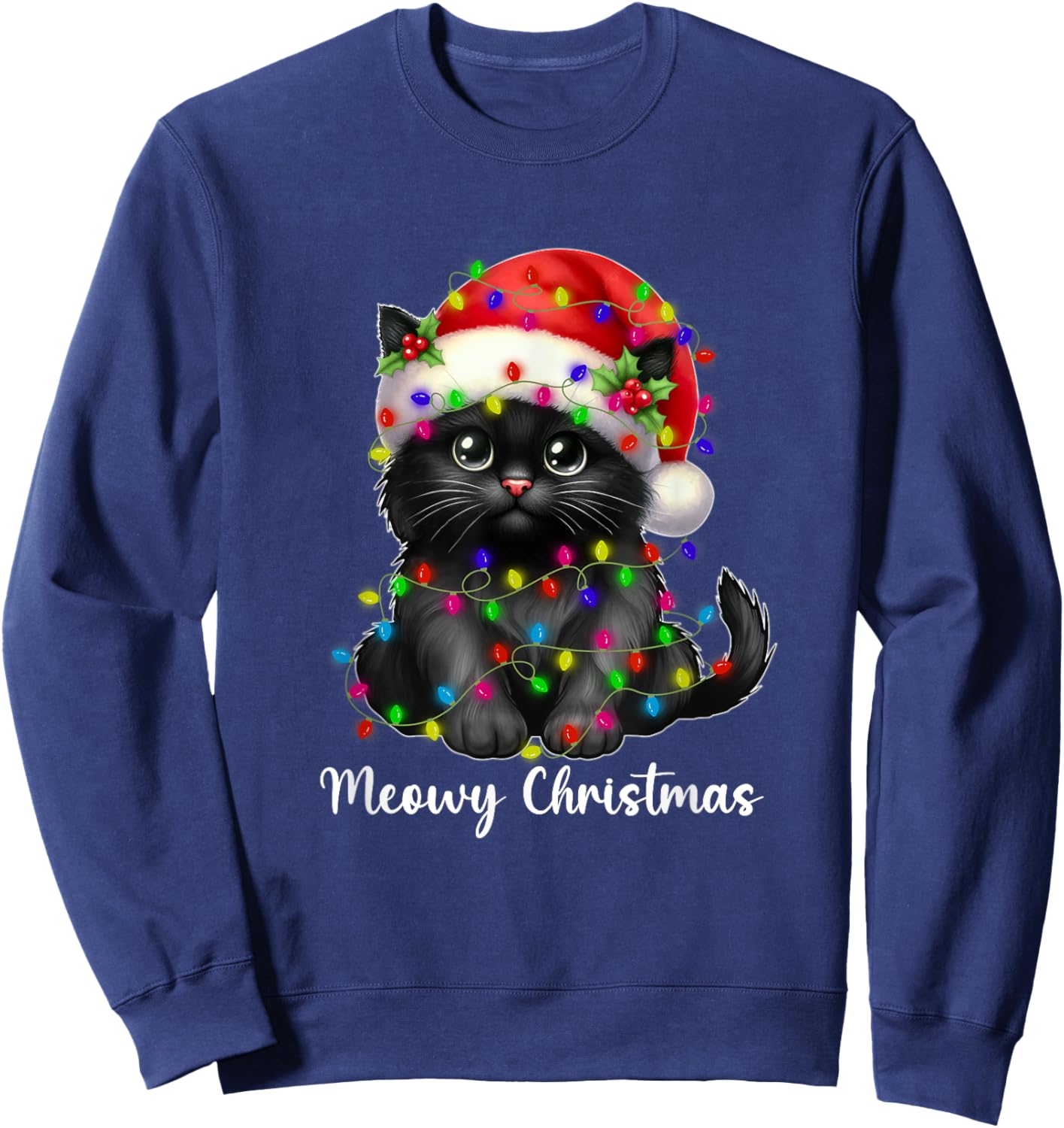 Meowy Christmas Lights Funny Family Black Cat Xmas Matching Sweatshirt - Sweatshirt | Navy