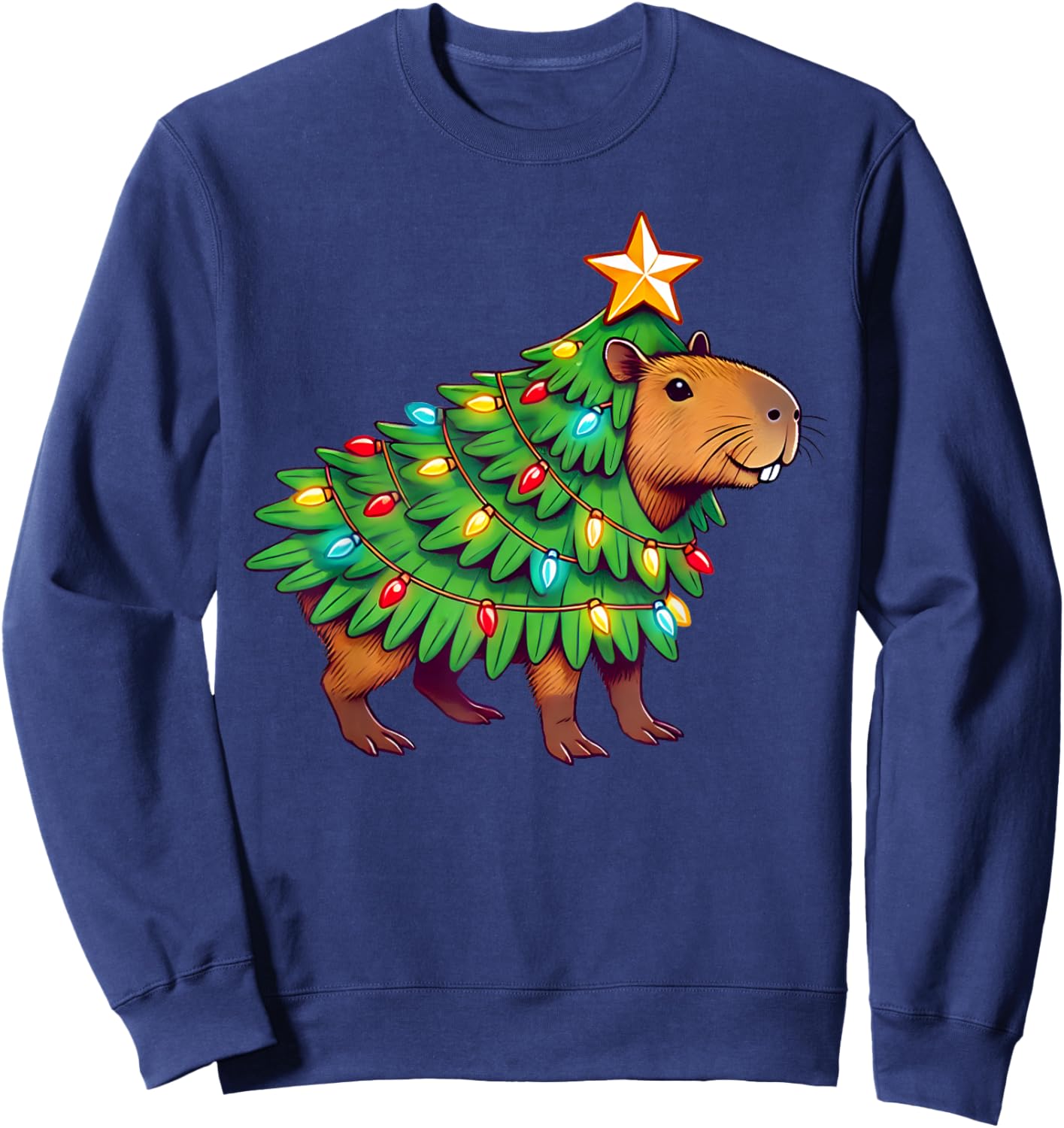 Capybara Christmas & Capypara Gifts -Adult Christmas Black Small Modern Capybara Print Round Collar Short Sleeve Sweatshirt - Sweatshirt | Navy