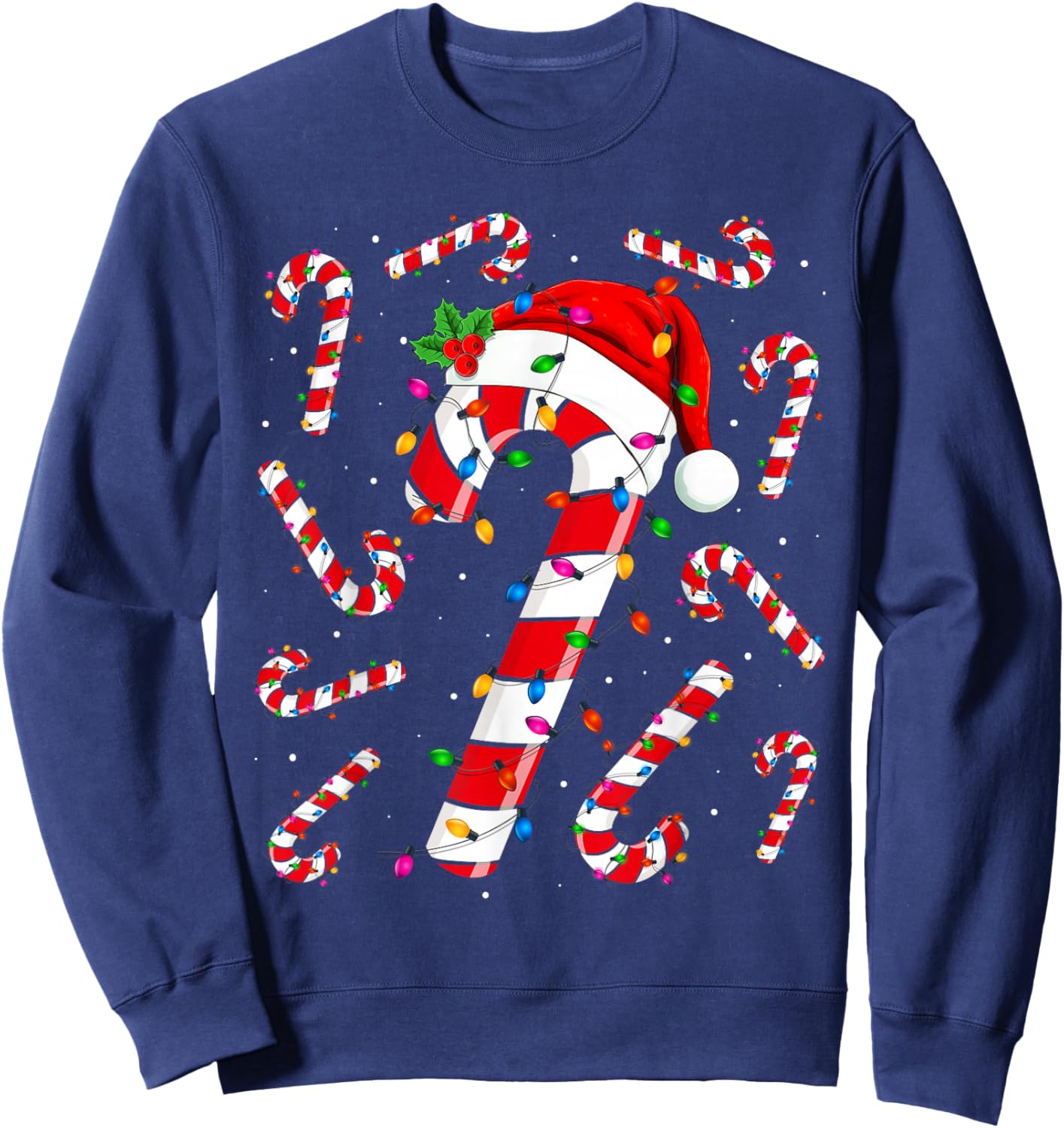 Red and White Candy Cane Santa Christmas Funny Xmas Lights Sweatshirt - Sweatshirt | Navy