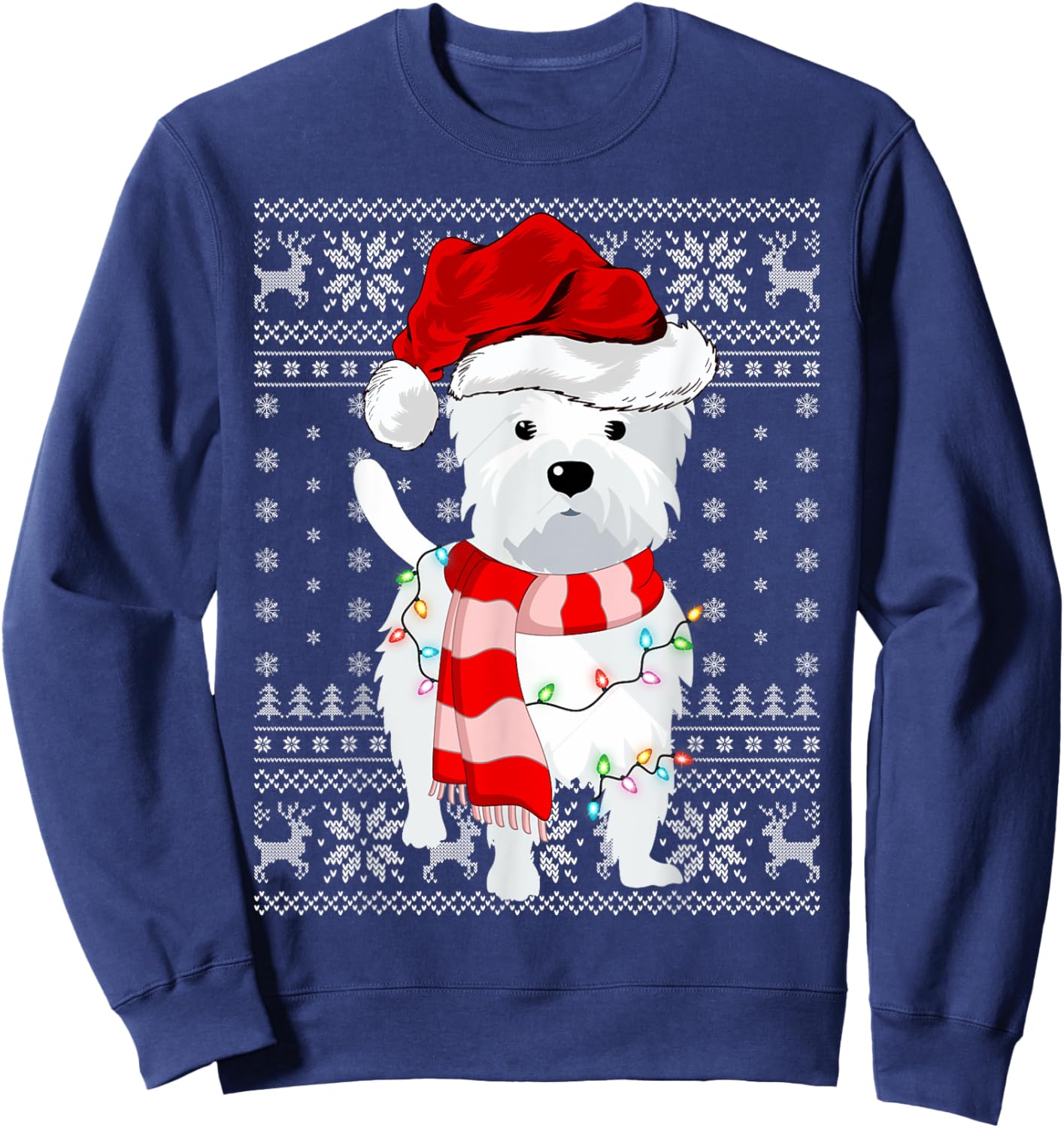 Ugly Sweater Xmas Lights Santa Hat Westie Dog Christmas Men Women Kids Sweatshirt - Sweatshirt | Navy