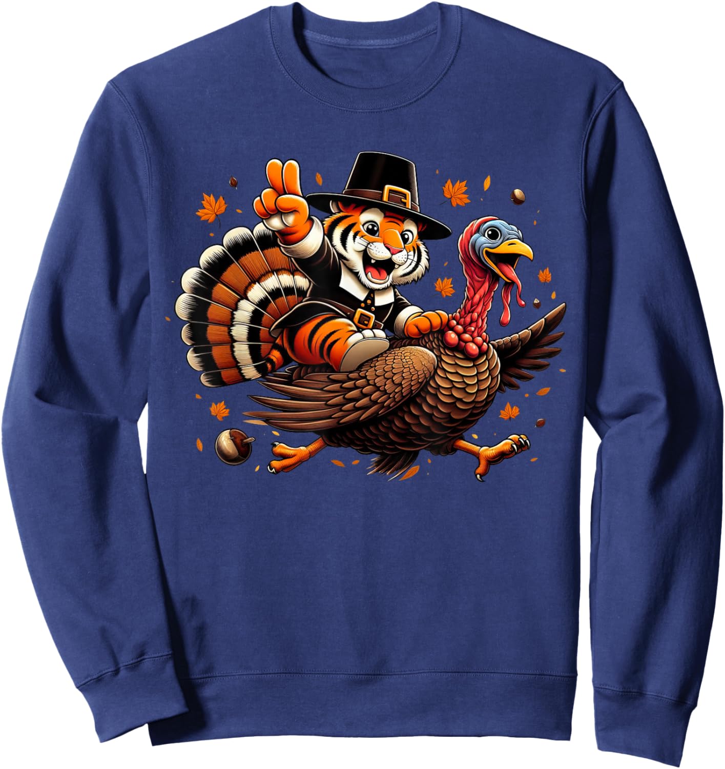 Funny Tiger Turkey Autumn Thanksgiving Kids Sweatshirt - Sweatshirt | Navy