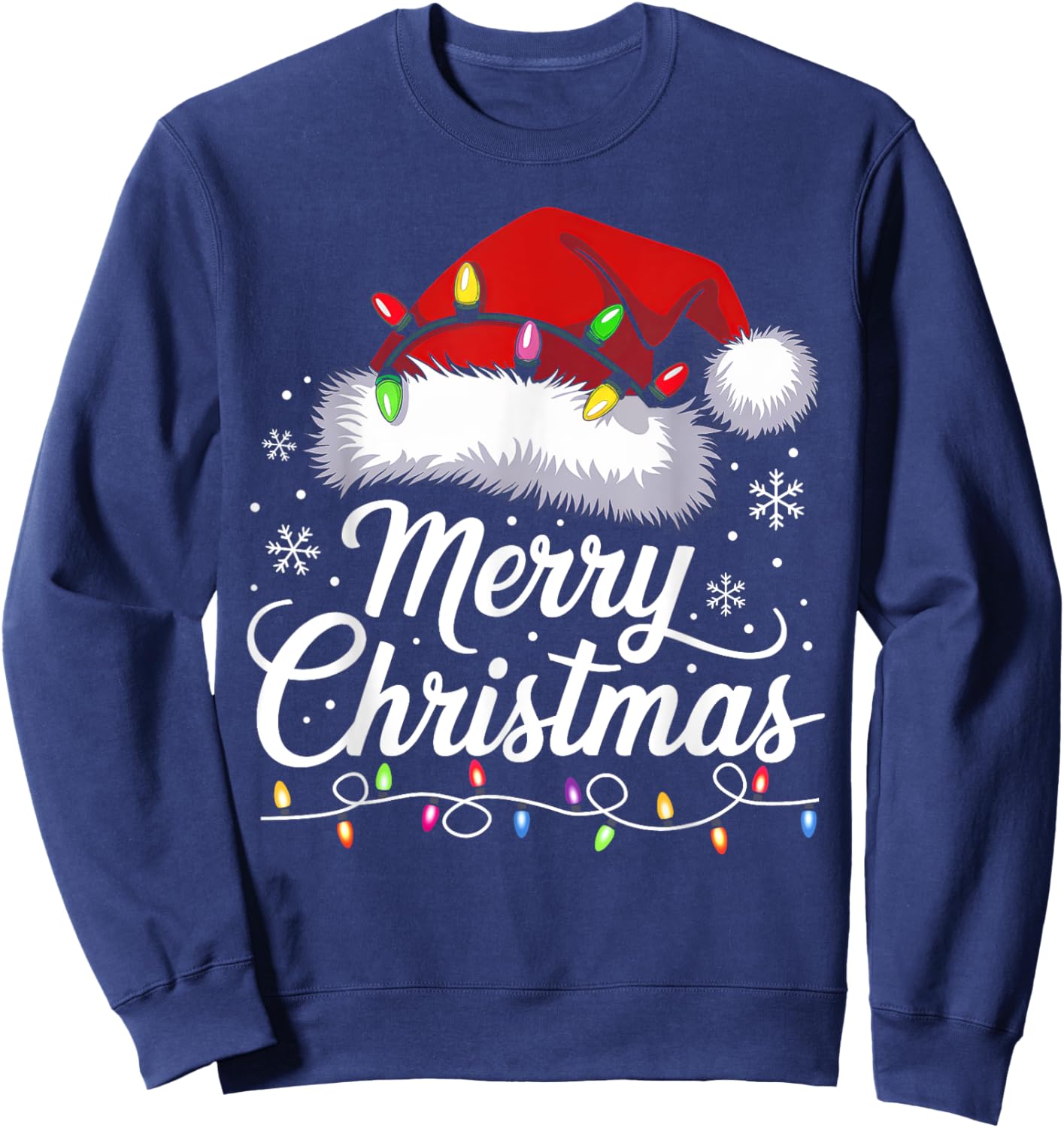 Merry Christmas Lights Santa Hat Funny Xmas Family Men Women Sweatshirt - Sweatshirt | Navy