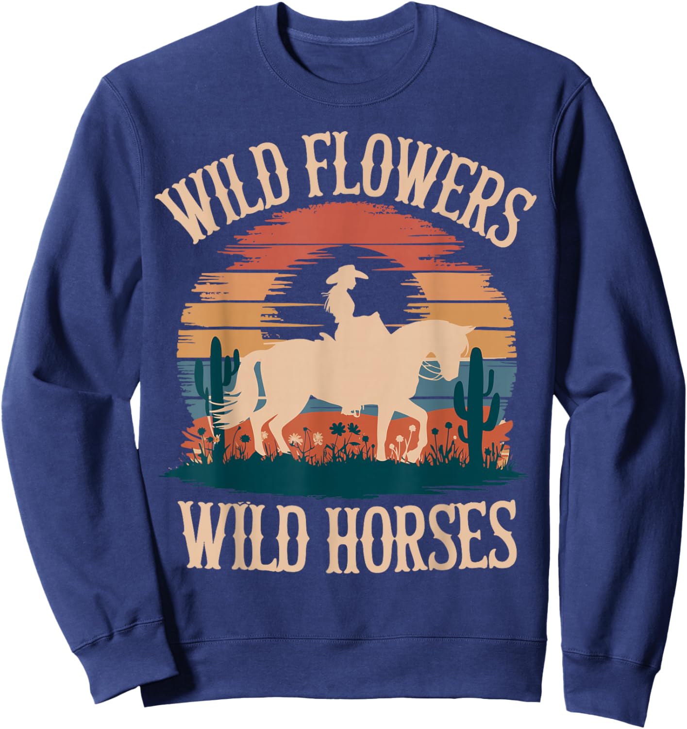 Vintage Sunset Western Country Wild Flowers - Wild Horses Sweatshirt - Sweatshirt | Navy