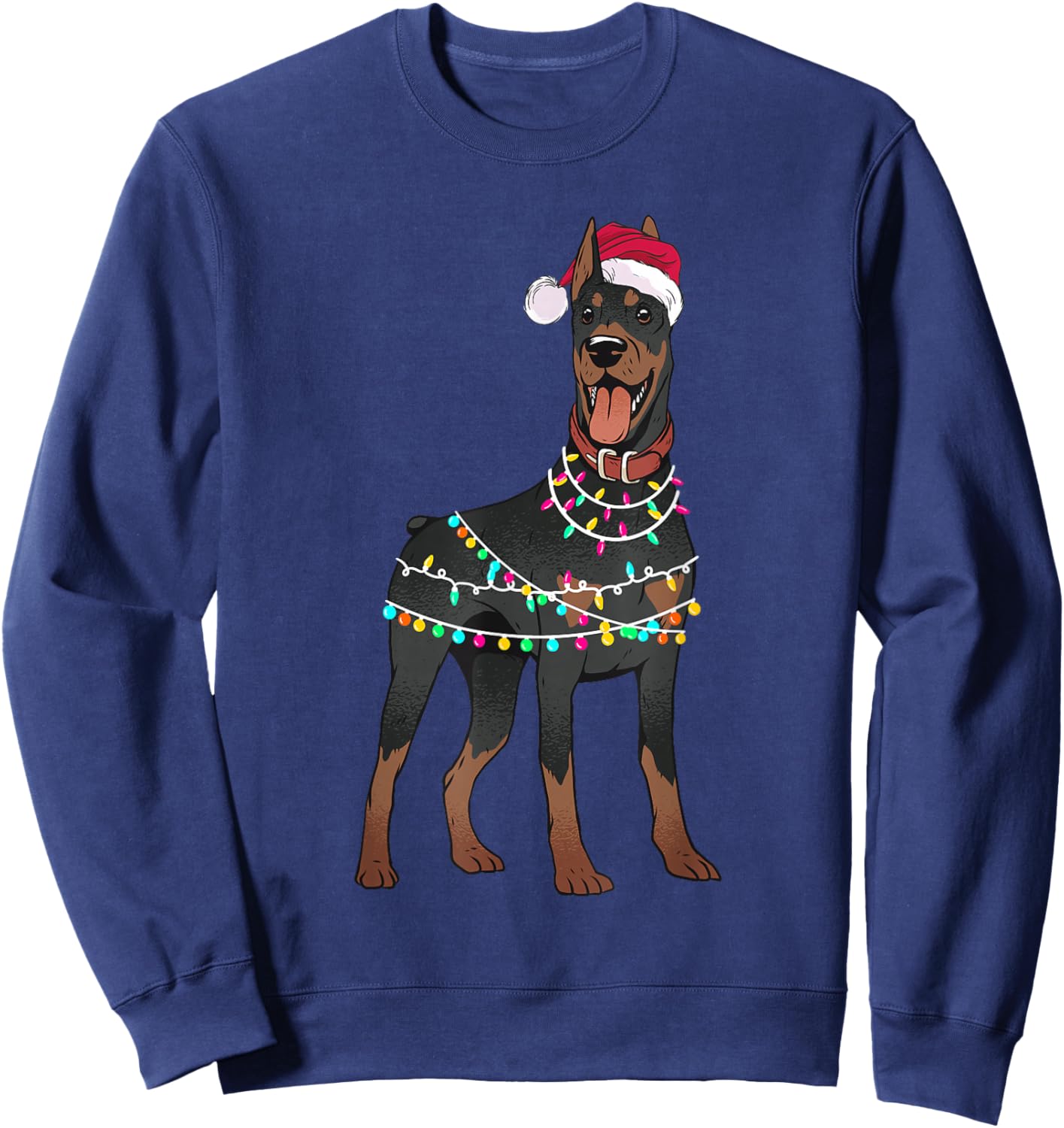Doberman Santa Christmas Lights Dog Sweatshirt - Sweatshirt | Navy