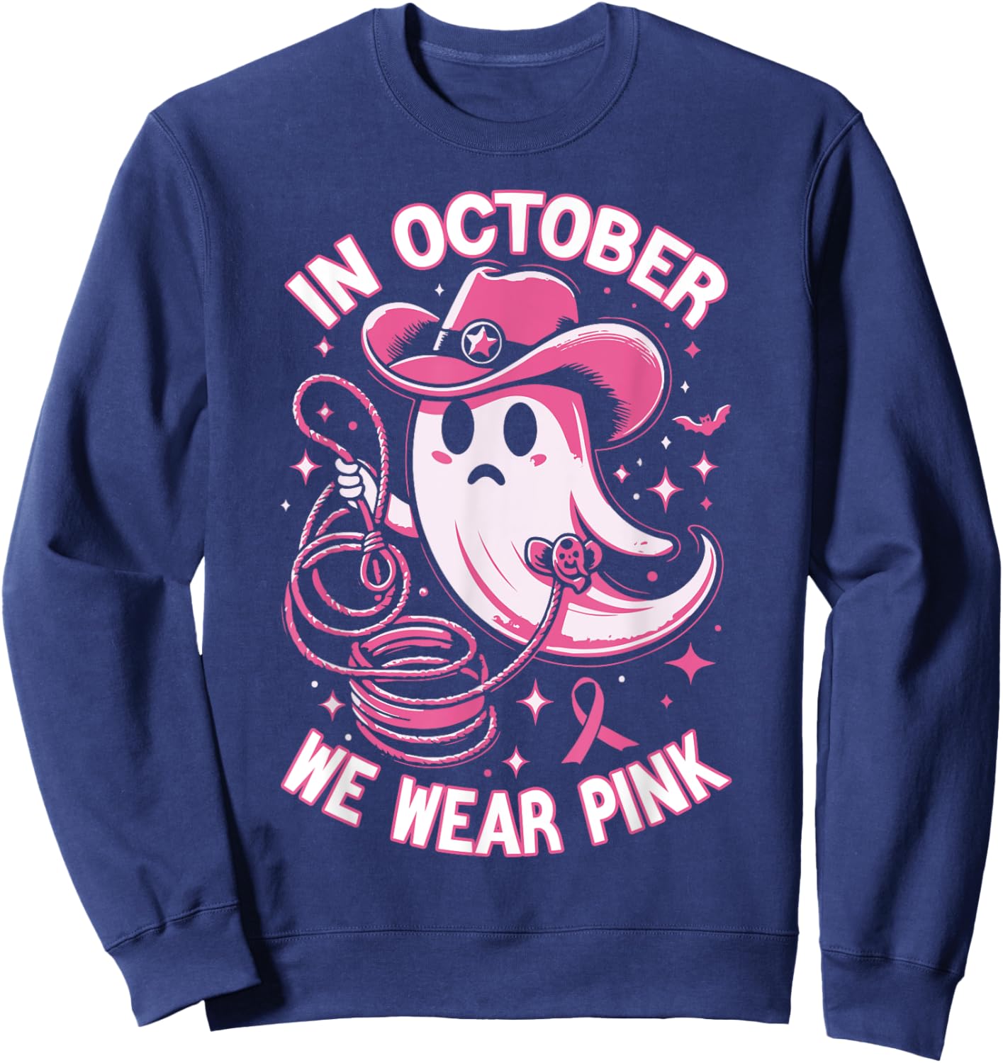 In October We Wear Pink Cowboy Ghost Halloween Breast Cancer Sweatshirt - Sweatshirt | Navy