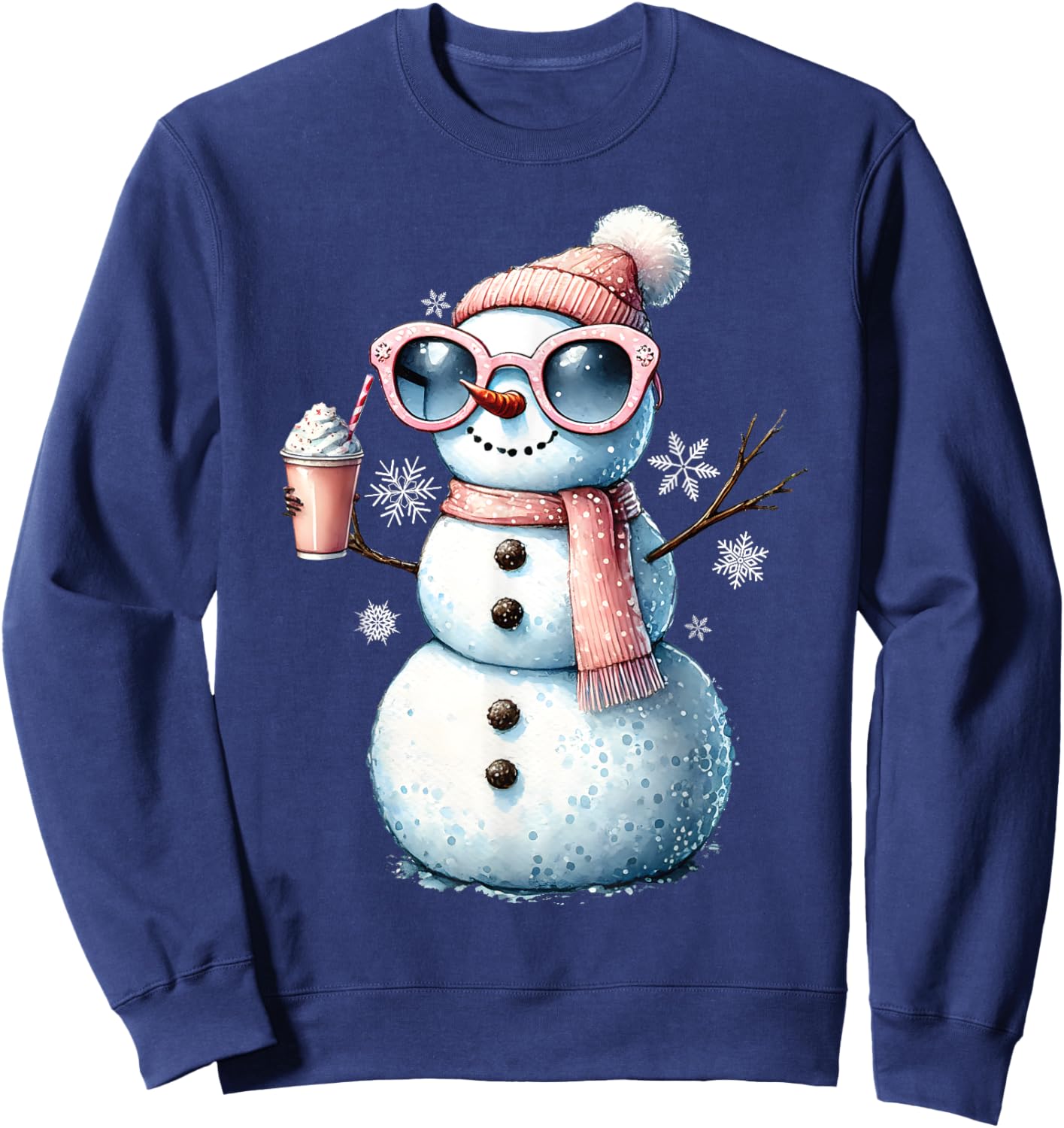 Xmas Snowman Drinking Hot Chocolate Bougie Women Christmas Sweatshirt - Sweatshirt | Navy