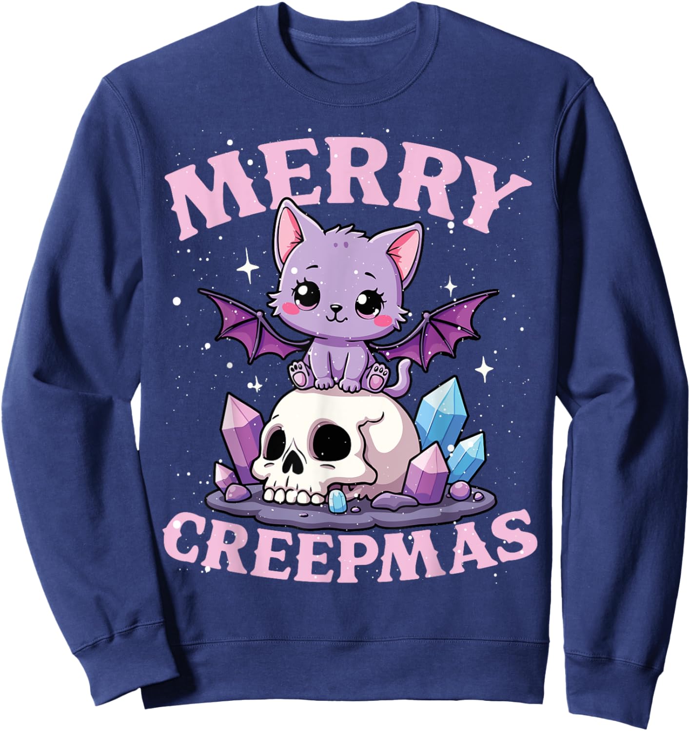 Merry Creepmas Cat Pastel Goth Christmas Skull Women Kids Sweatshirt - Sweatshirt | Navy