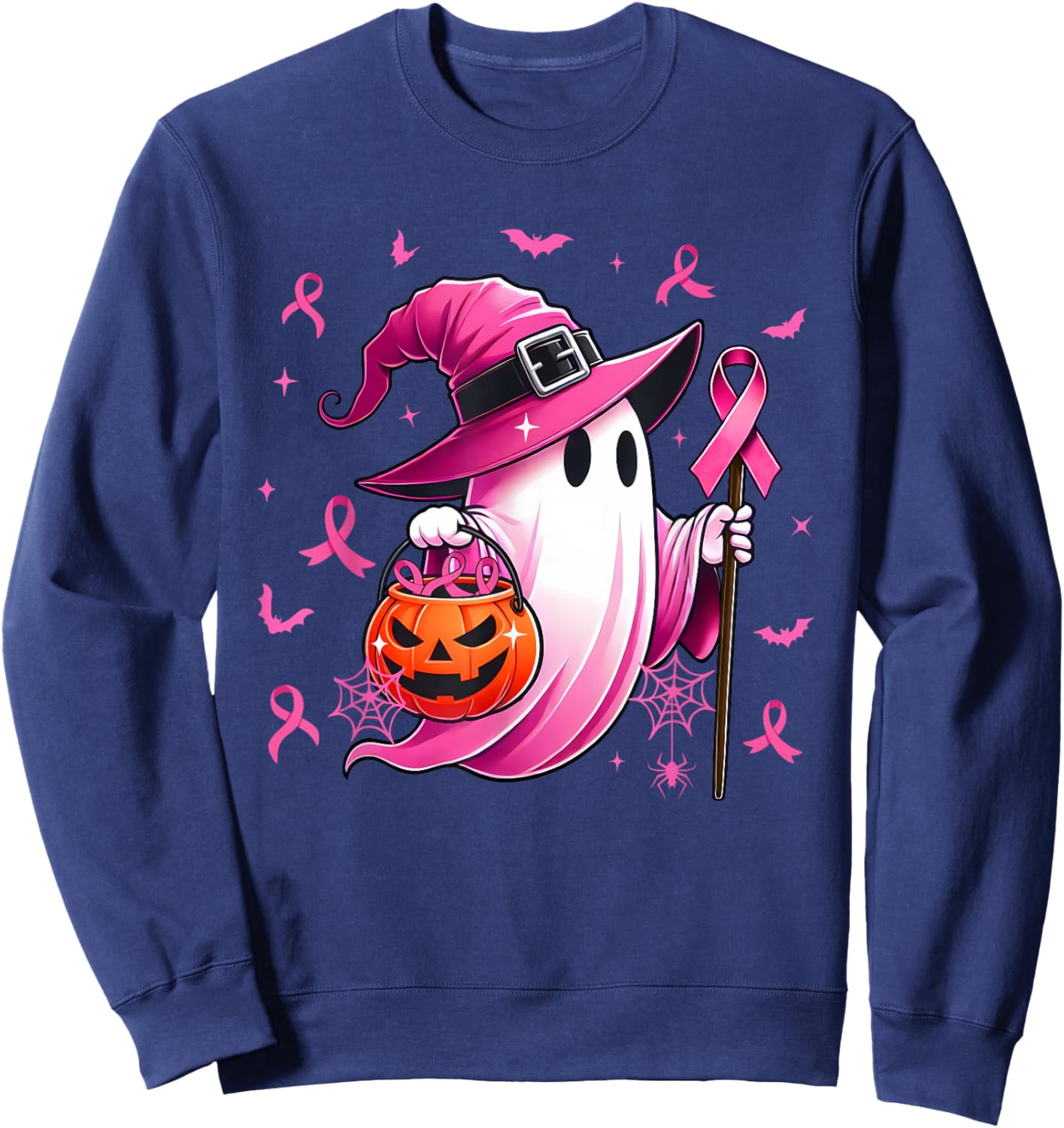 Halloween Pink Ghost Witch Breast Cancer Awareness Women Sweatshirt - Sweatshirt | Navy