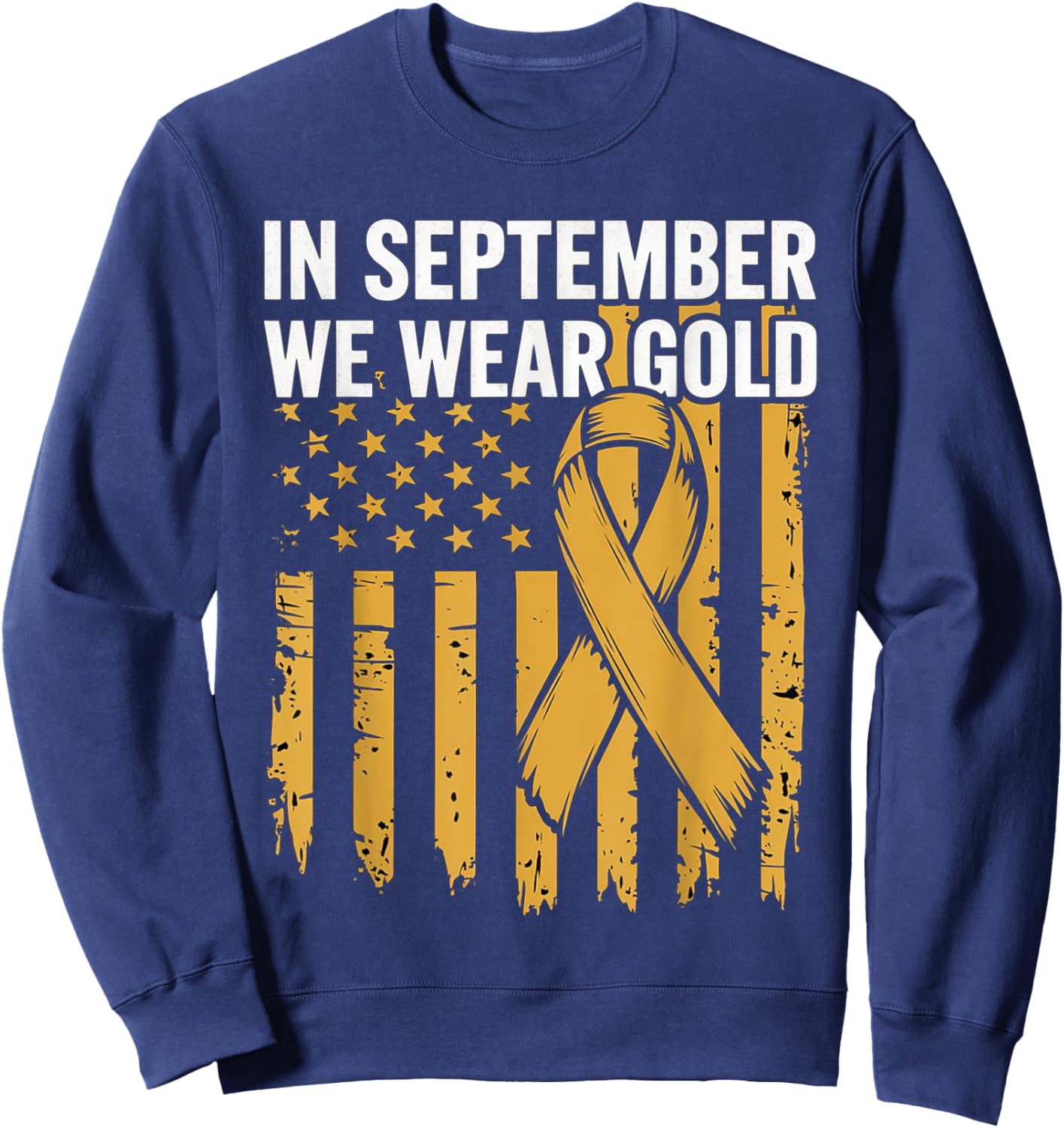 In September We Wear Gold Childhood Cancer Awareness Us Flag Sweatshirt - Sweatshirt | Navy