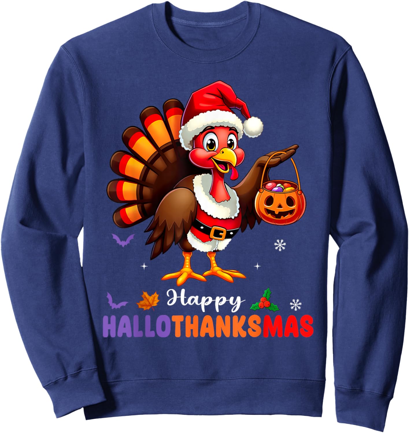 Happy Hallothanksmas Shirt Halloween Thanksgiving Christmas Sweatshirt - Sweatshirt | Navy