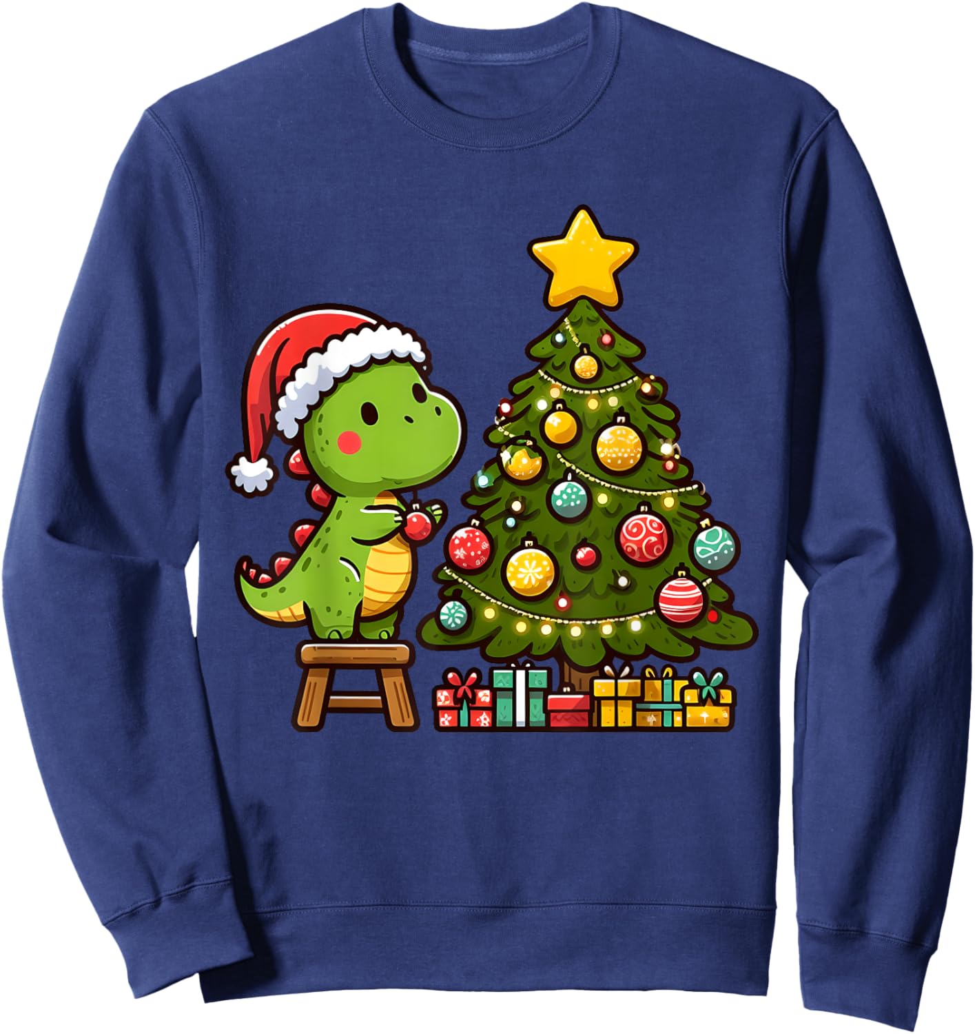 Cute T Rex Dinosaur Decorating Christmas Tree Xmas Holiday Sweatshirt - Sweatshirt | Navy