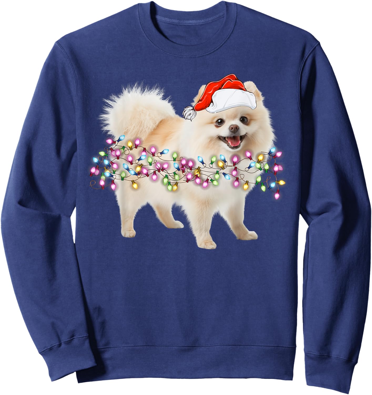 Cute Pomeranian Santa Christmas Tree Lights -Families, Kids, and Cartoon Lovers Black Small Classic Fit Short Sleeve Sweatshirt - Sweatshirt | Navy