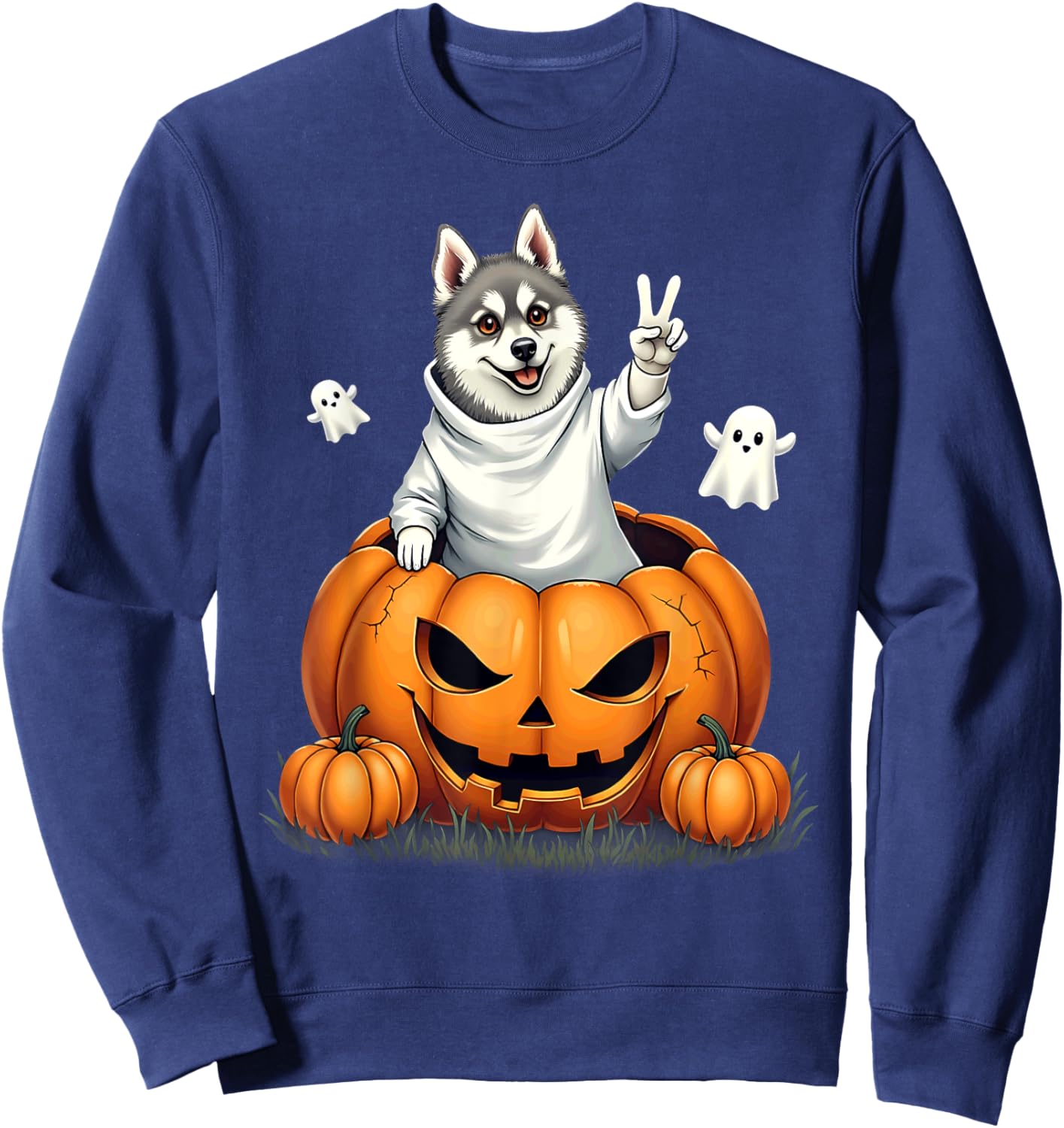 Pumpkin Boo Ghost Alaskan Klee Kai Dog Halloween Costume Sweatshirt - Sweatshirt | Navy
