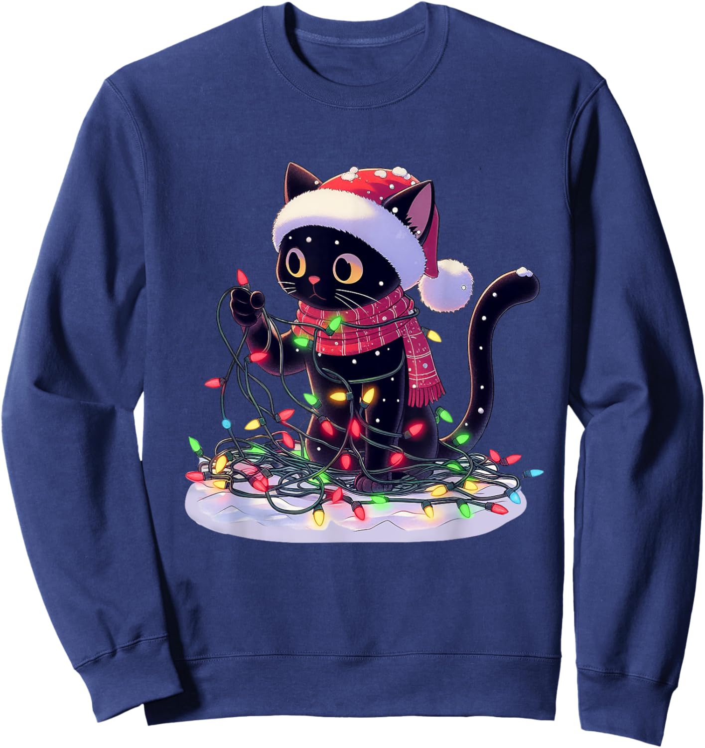 Black Cat Santa Tangled Up In Christmas Tree Lights Holiday Sweatshirt - Sweatshirt | Navy