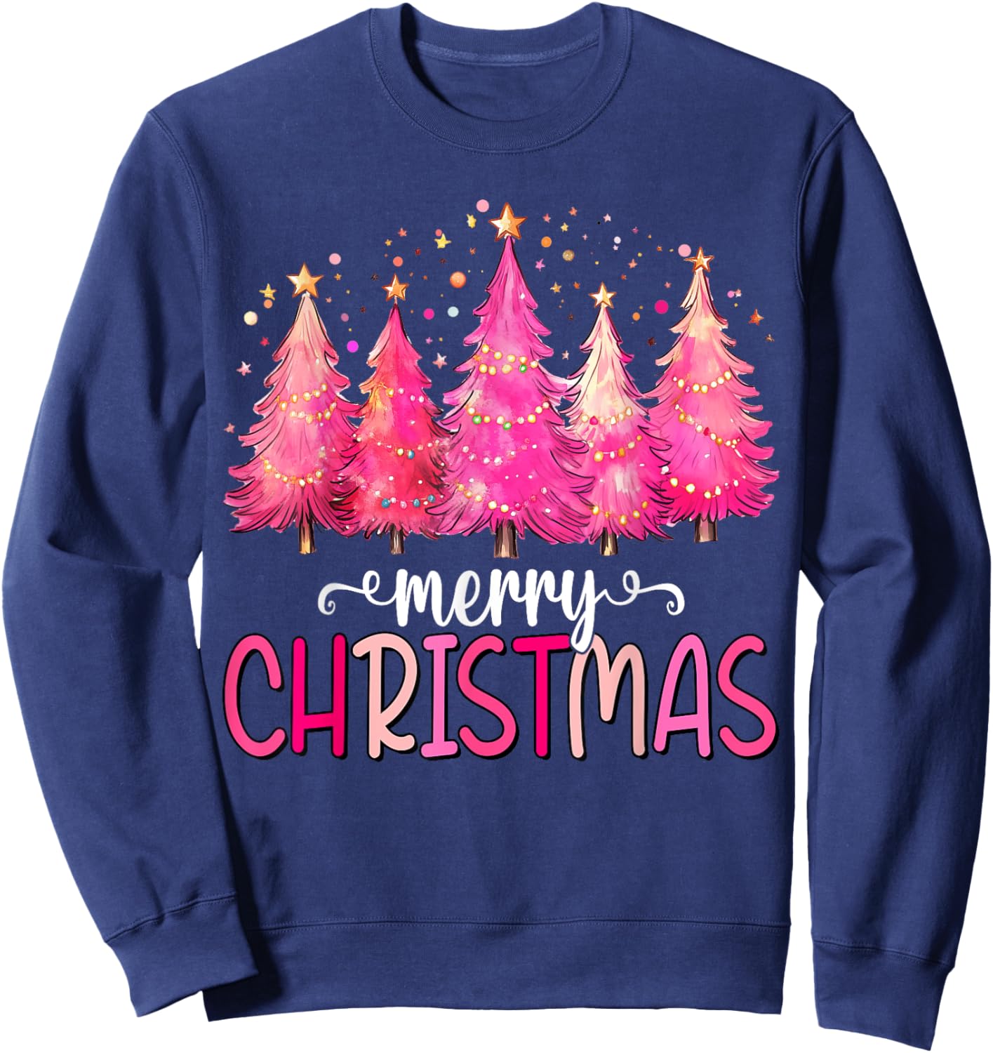 Merry and Bright Pink Christmas Tree Pink Christmas Tree Sweatshirt - Sweatshirt | Navy