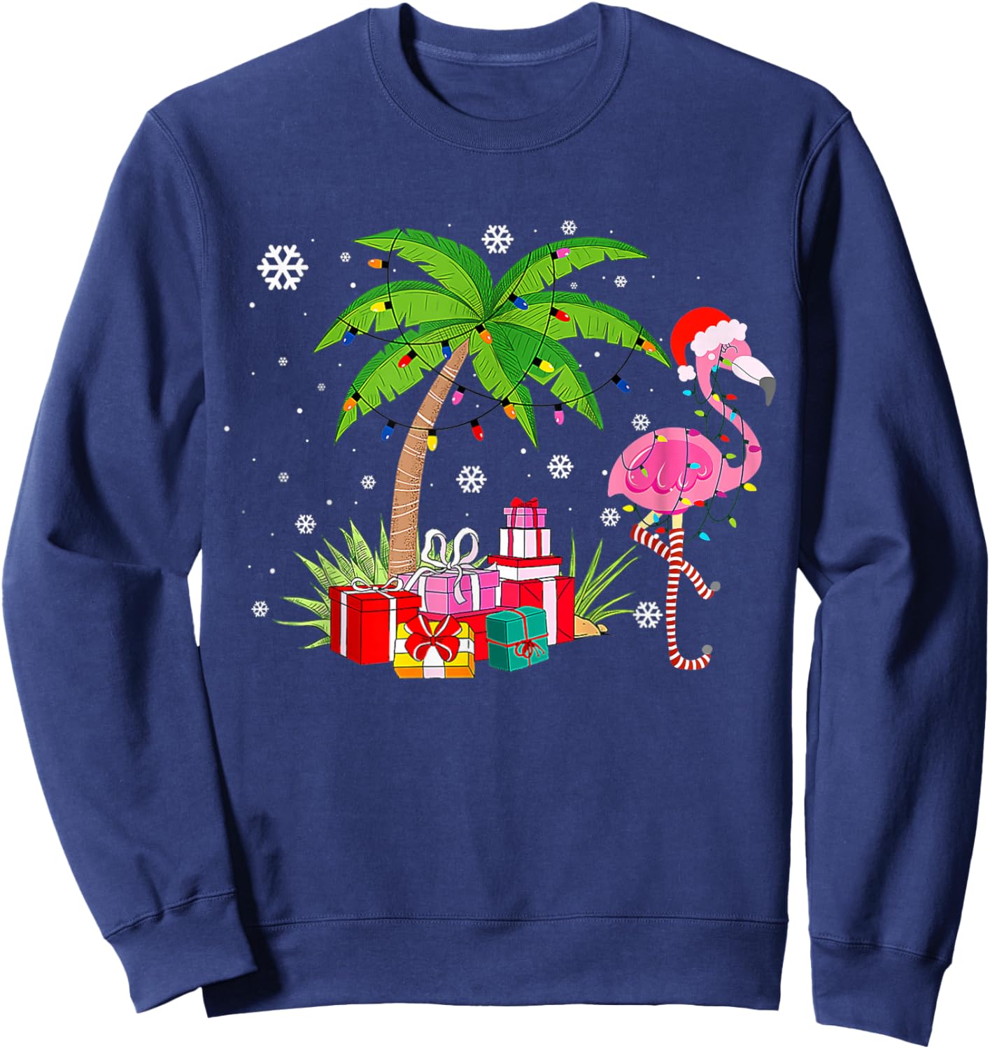 Pink Flamingo Christmas Palm Tree Tropical Xmas Funny Sweatshirt - Sweatshirt | Navy
