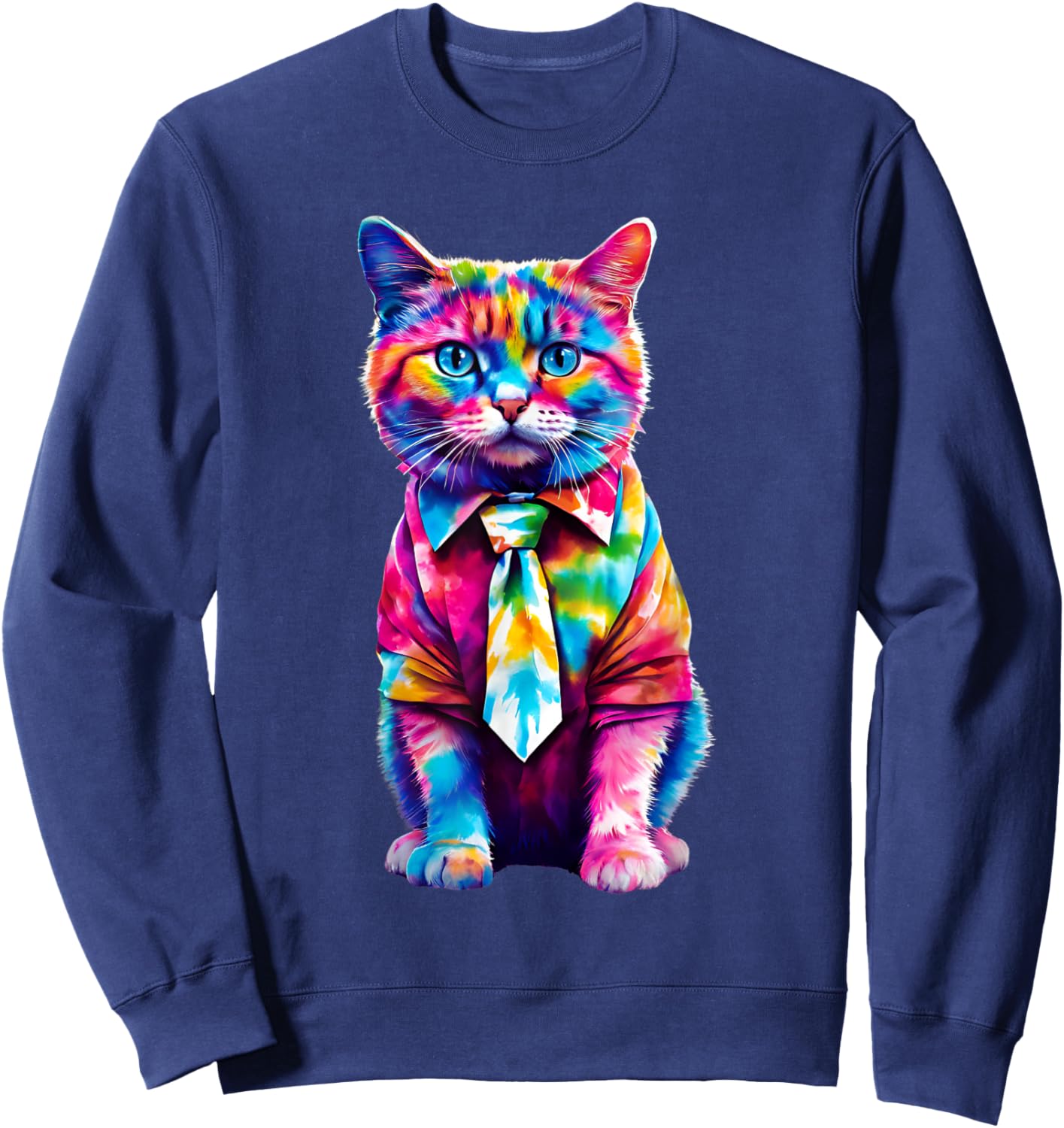 Colorful Rainbow Cat in Tie Dye Cute Funny Cat Lover Women Girls Kids Sweatshirt - Sweatshirt | Navy