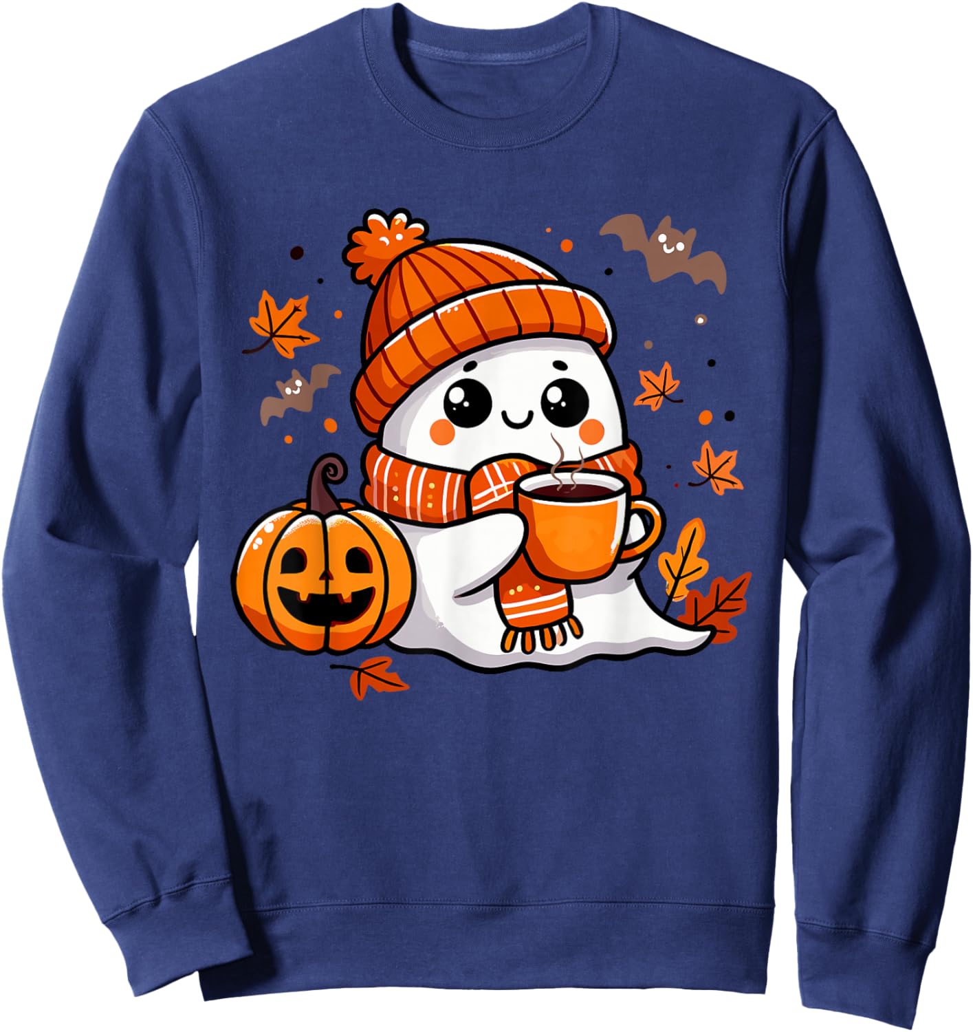 Halloween Ghost Drinking Coffee, Cute Kawaii Halloween Sweatshirt - Sweatshirt | Navy