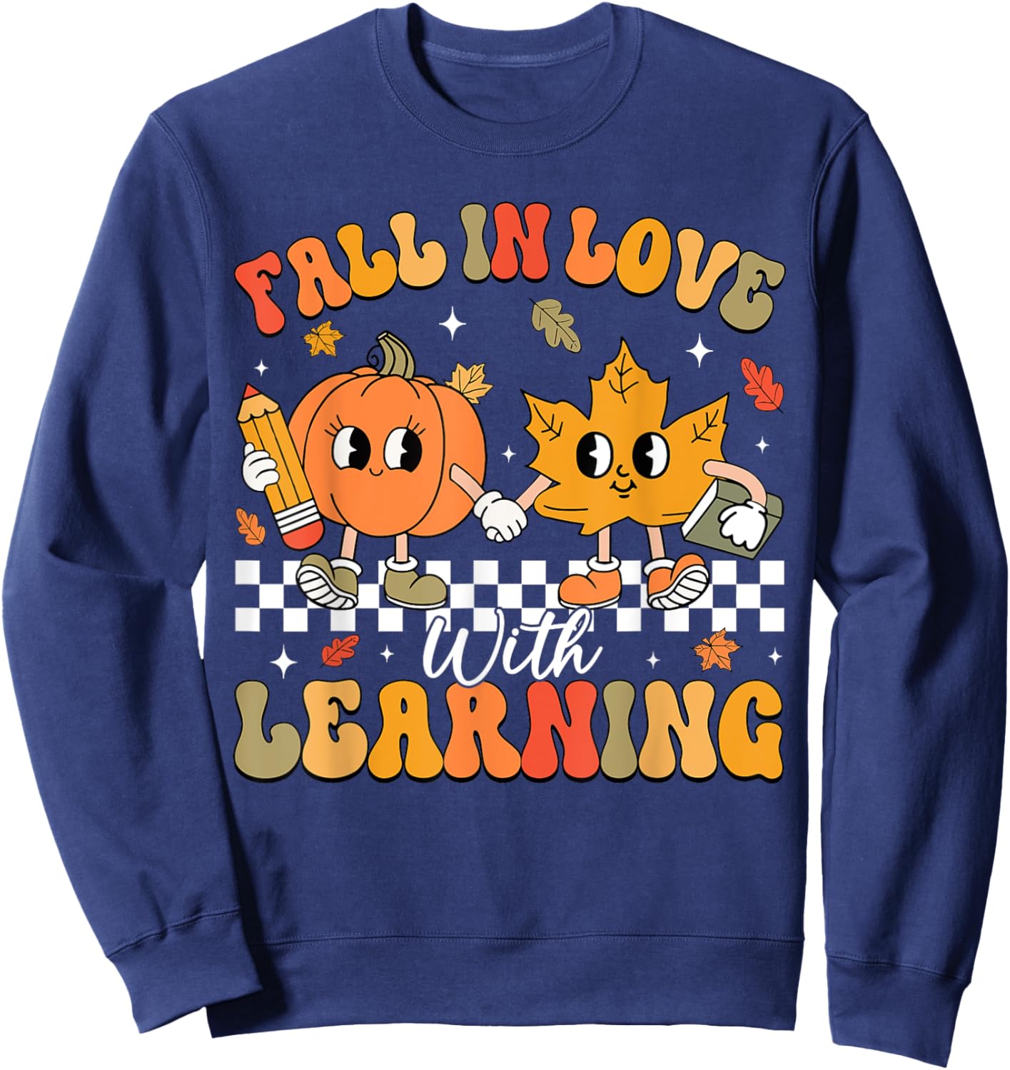 Retro Fall In Love With Learning Autumn Pumpkin Teacher Sweatshirt - Sweatshirt | Navy