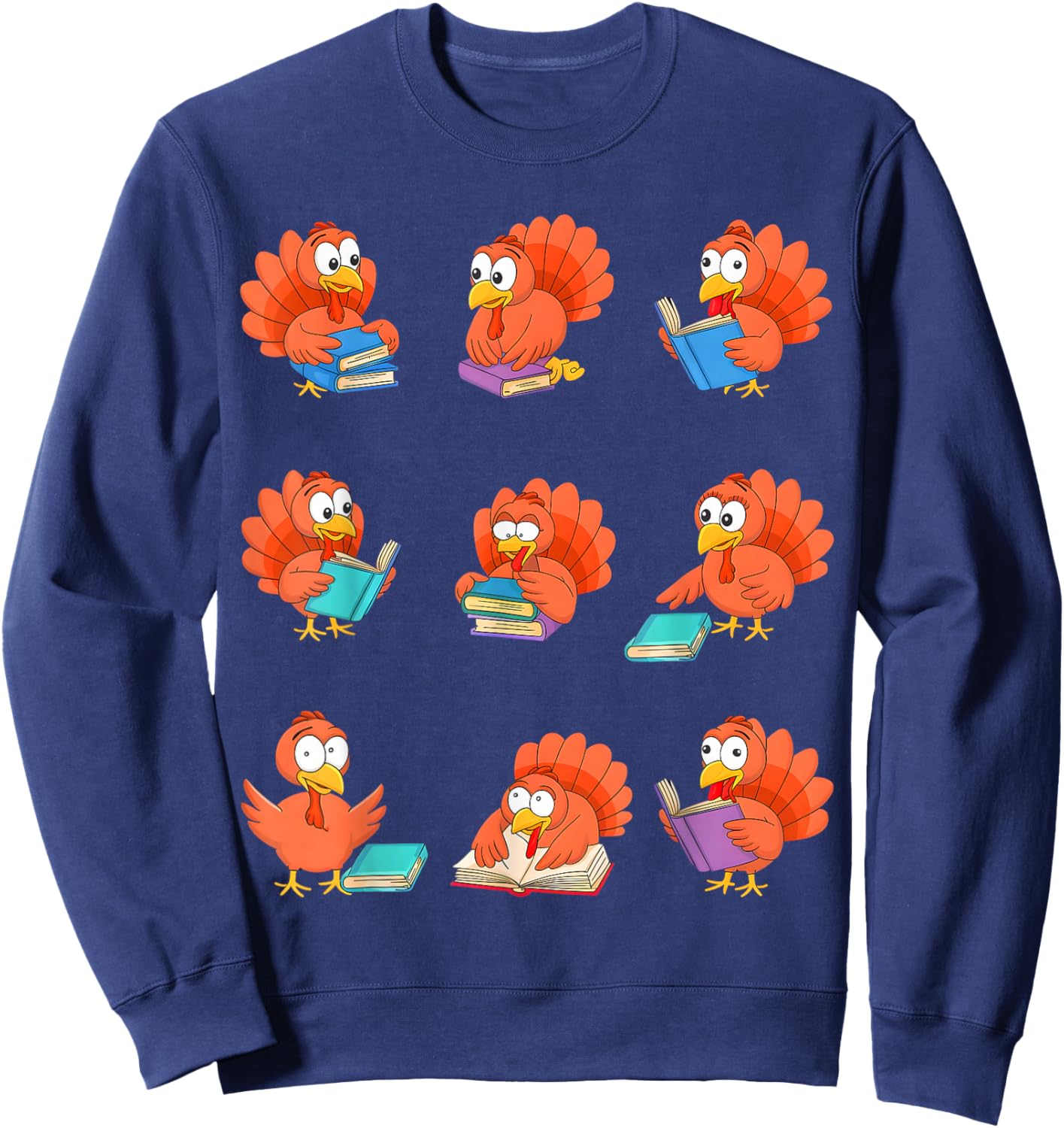 Cute Turkeys Reading Books Thanksgiving Books Lovers Sweatshirt - Sweatshirt | Navy