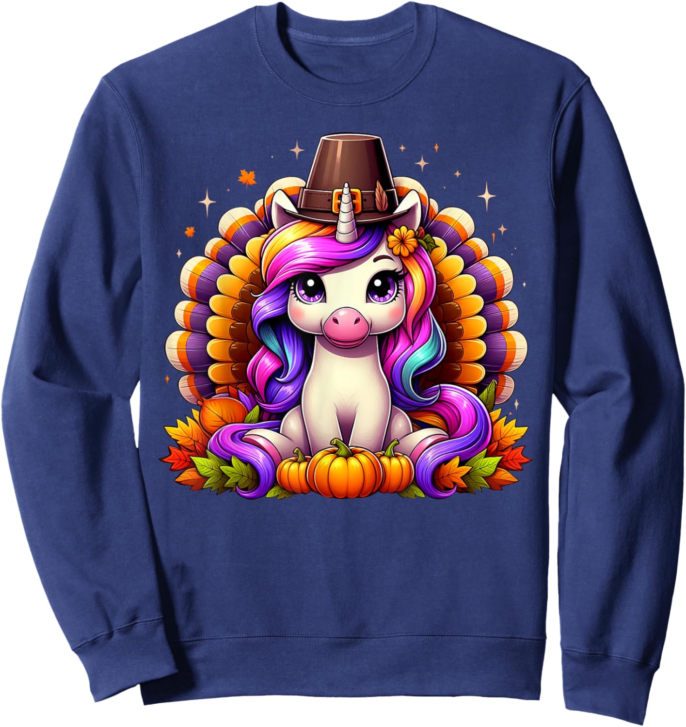 Happy Thanksgiving Toddler Turkey Cute Unicorn Girls Kids Sweatshirt - Sweatshirt | Navy