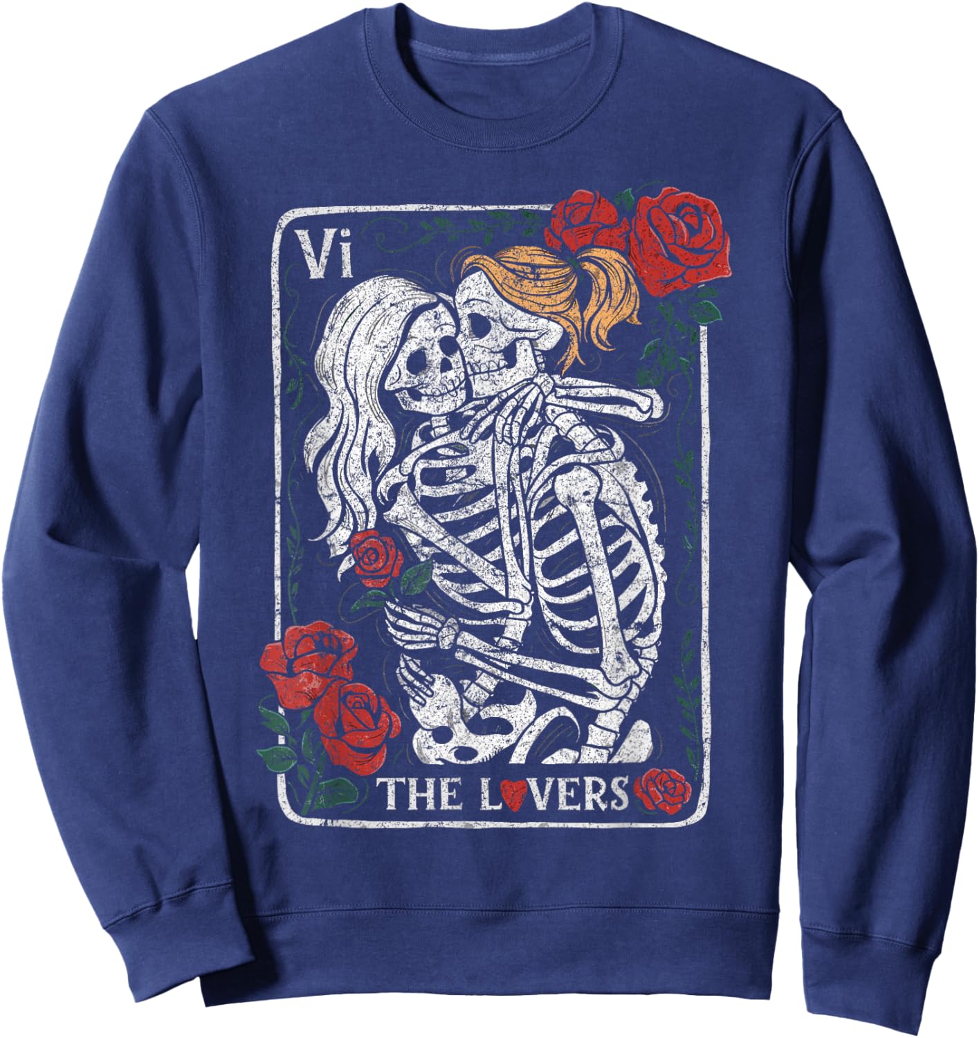 The Lovers Tarot Card Gothic Occult Kissing Skeleton Roses Sweatshirt - Sweatshirt | Navy