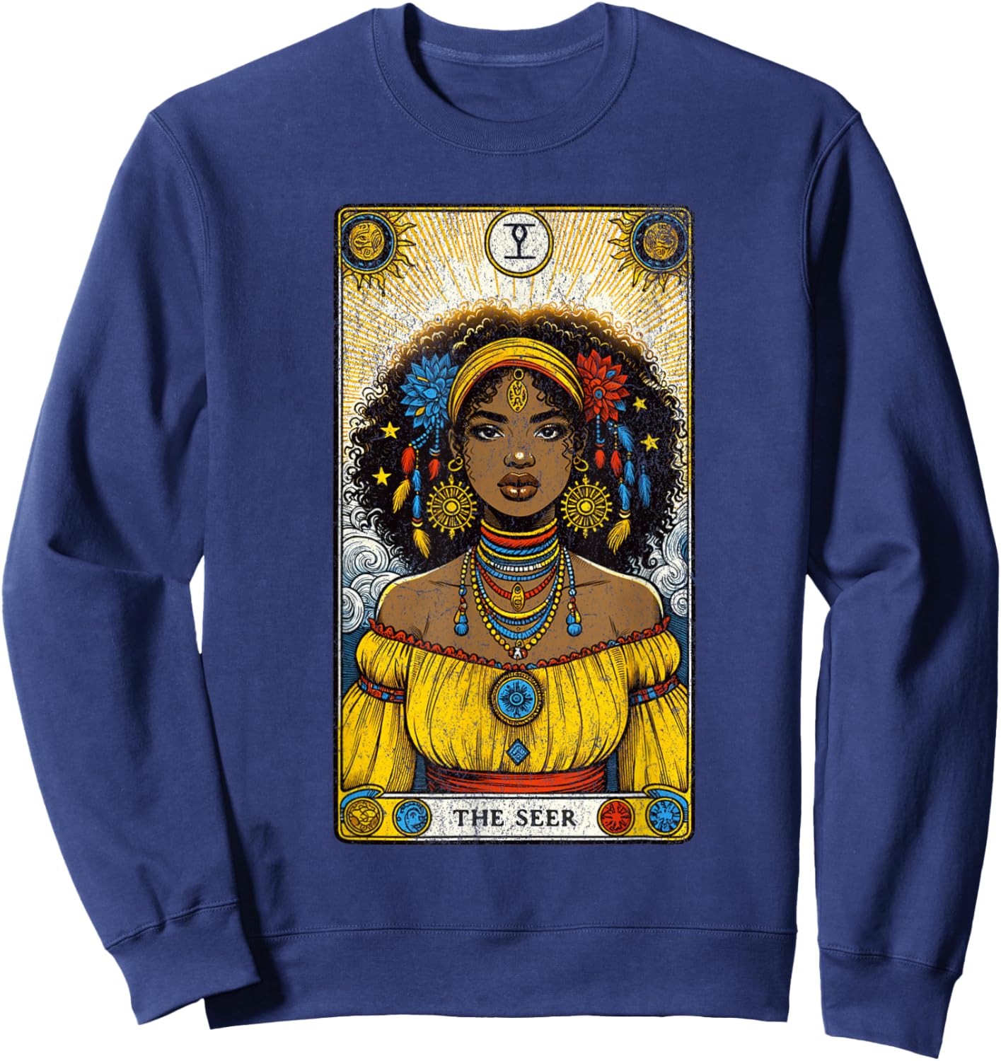 Vintage The Seer Tarot Card Black Girl African American Sweatshirt - Sweatshirt | Navy
