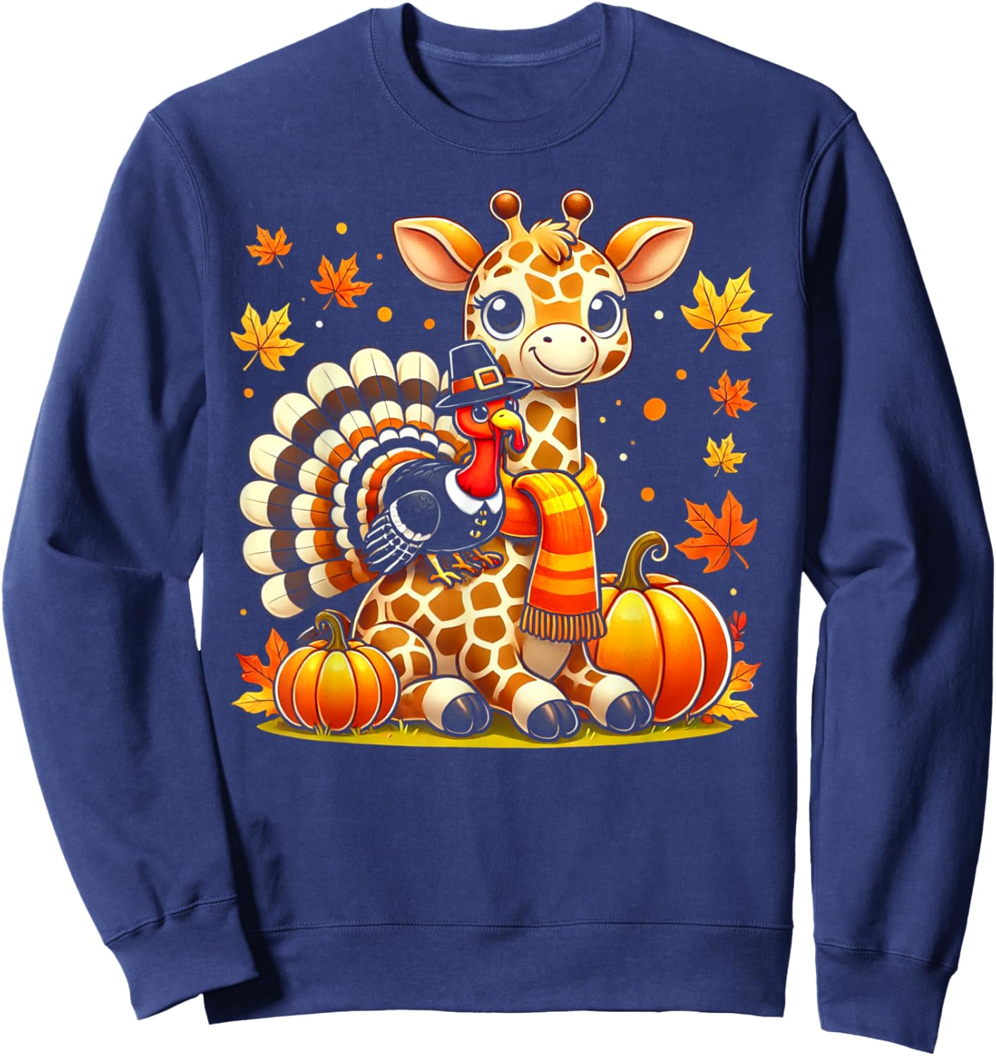Thanksgiving Turkey Riding Giraffe With Fall Pumpkins Sweatshirt - Sweatshirt | Navy