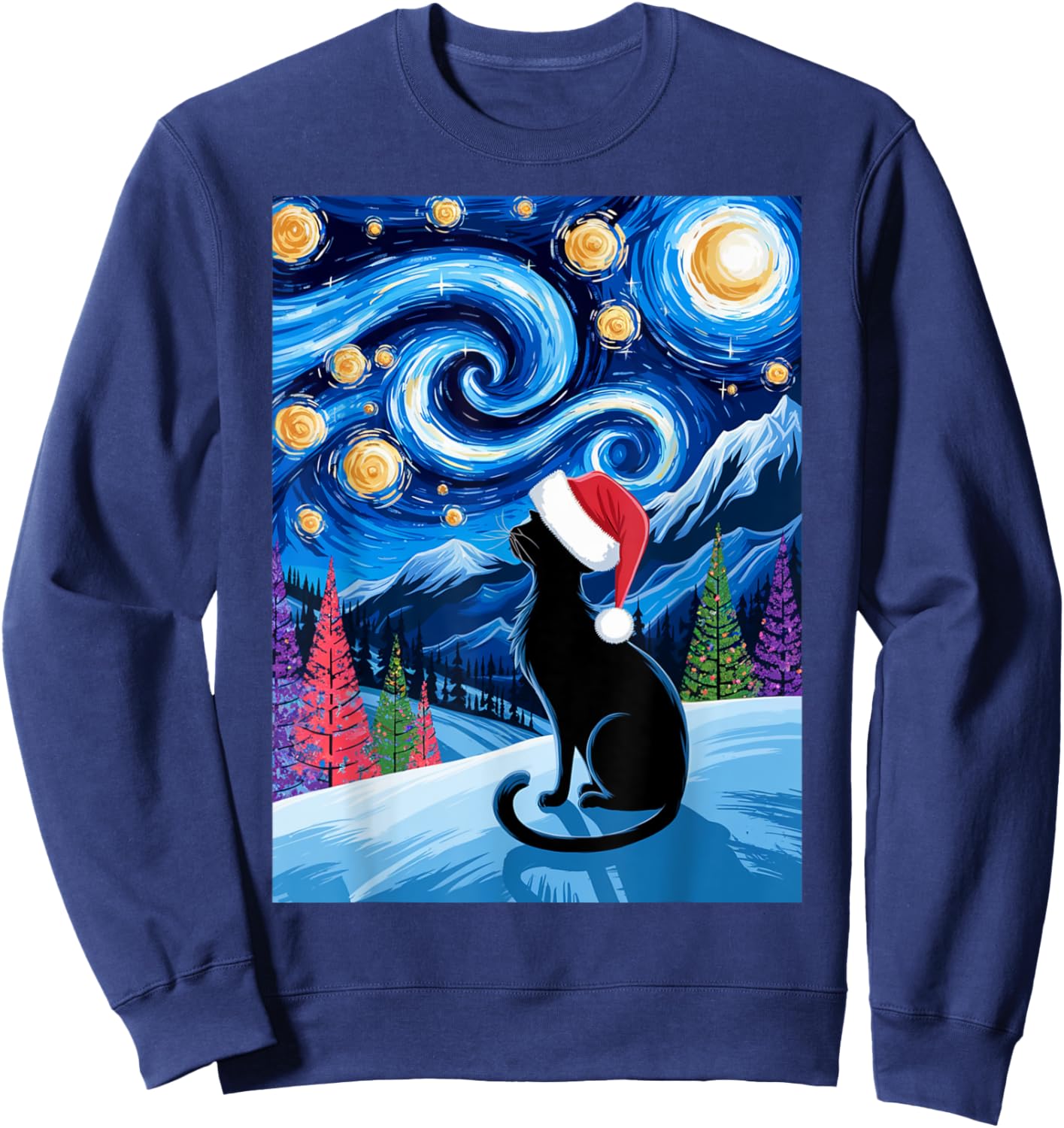 Van Gogh Christmas Cat Starry Night Black Cat Fans Santa Hat Sweatshirt - Sweatshirt | Navy