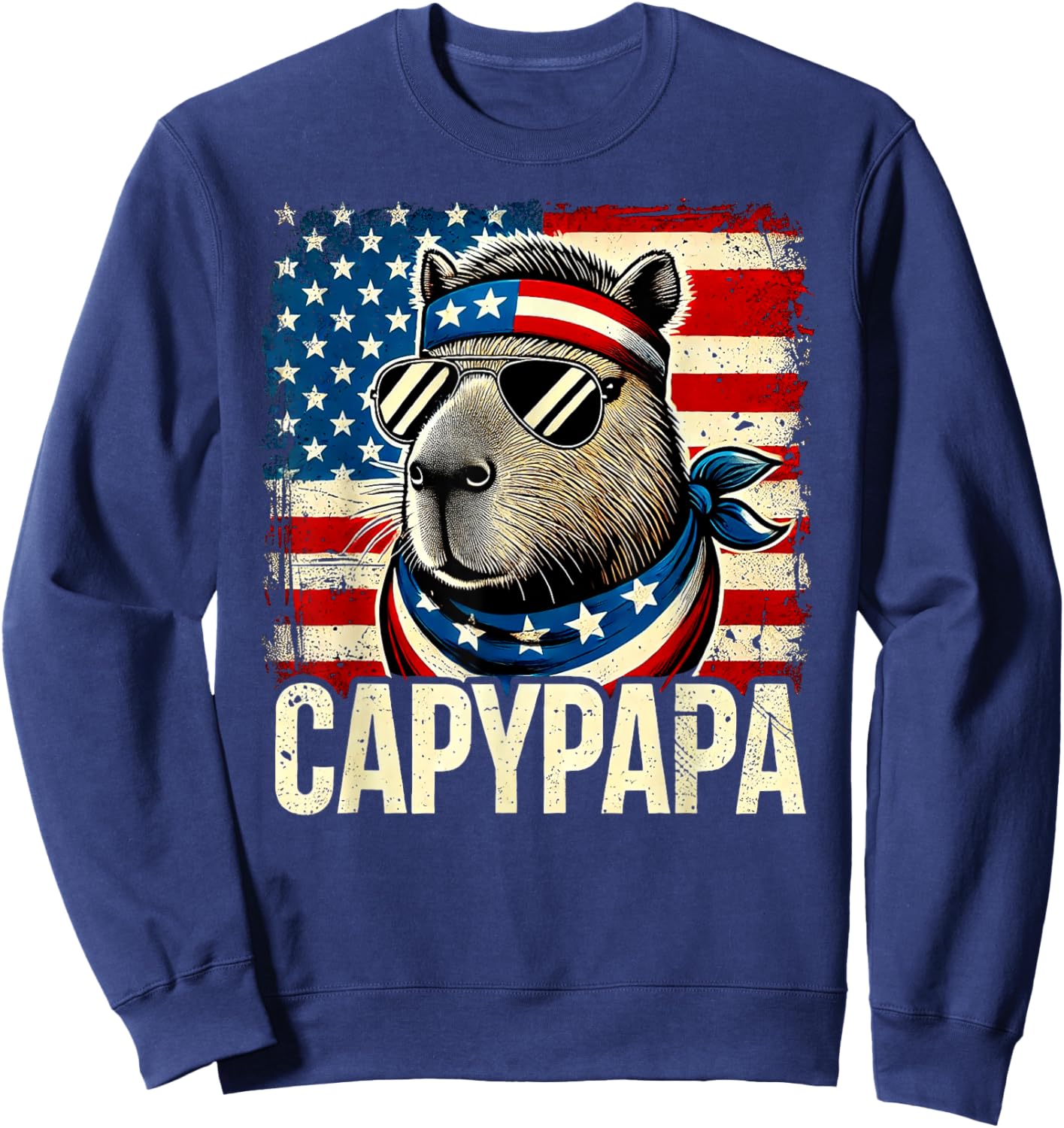 CapyPapa 4th of July American Flag Capybara Papa USA Sweatshirt - Sweatshirt | Navy