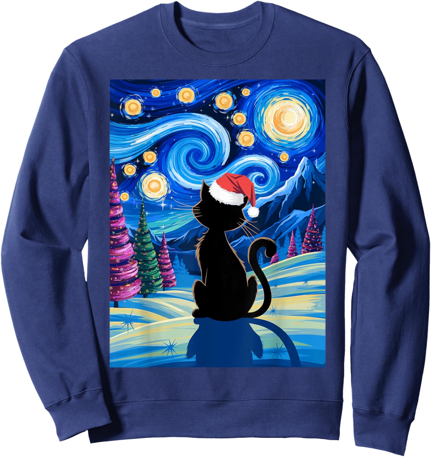 Christmas Van Gogh Cat Starry Night Black Cat Santa Hat Fans Sweatshirt - Sweatshirt | Navy