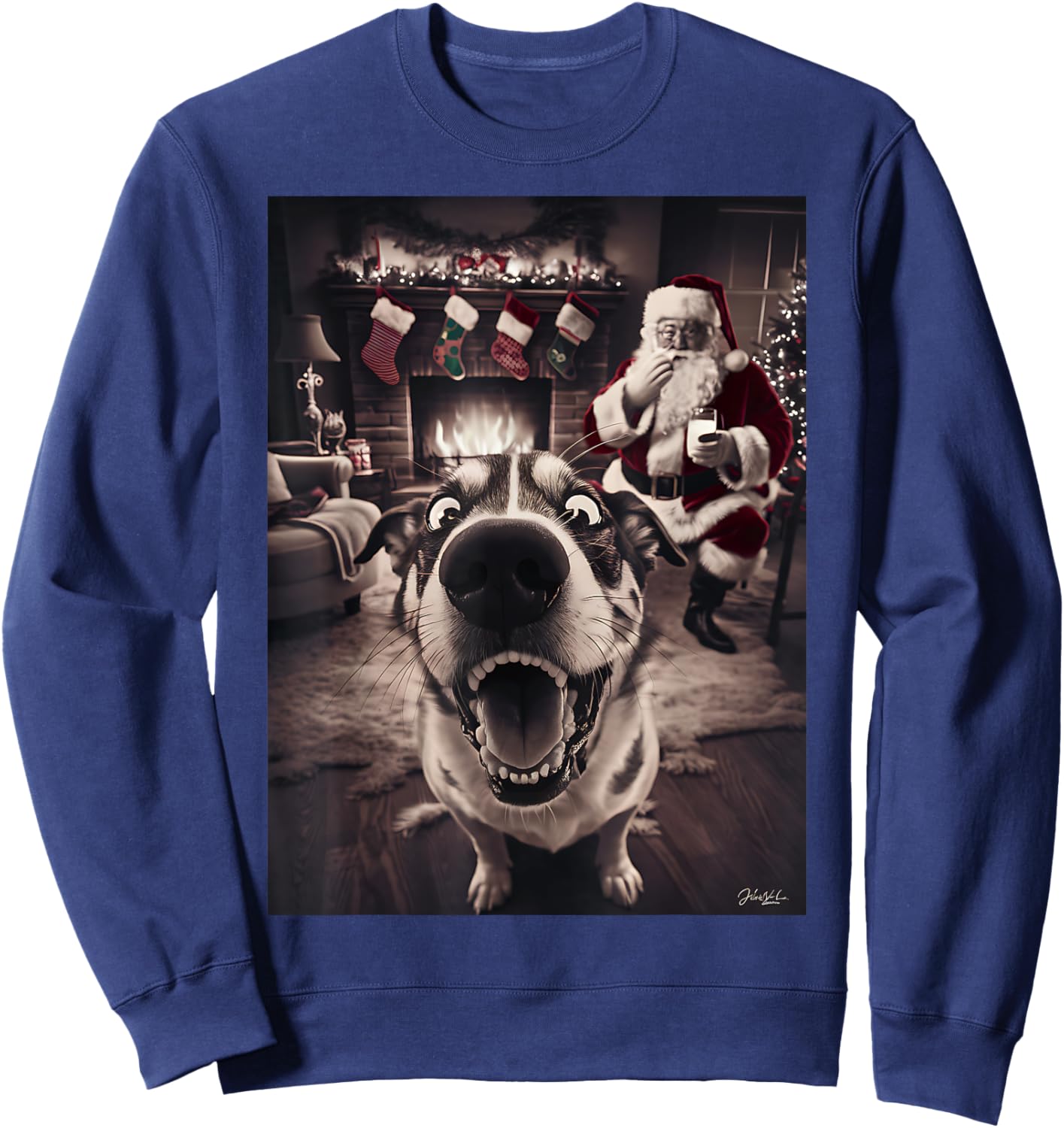 Funny Dog Selfie With Santa Xmas Christmas Women Girls Kids Sweatshirt - Sweatshirt | Navy