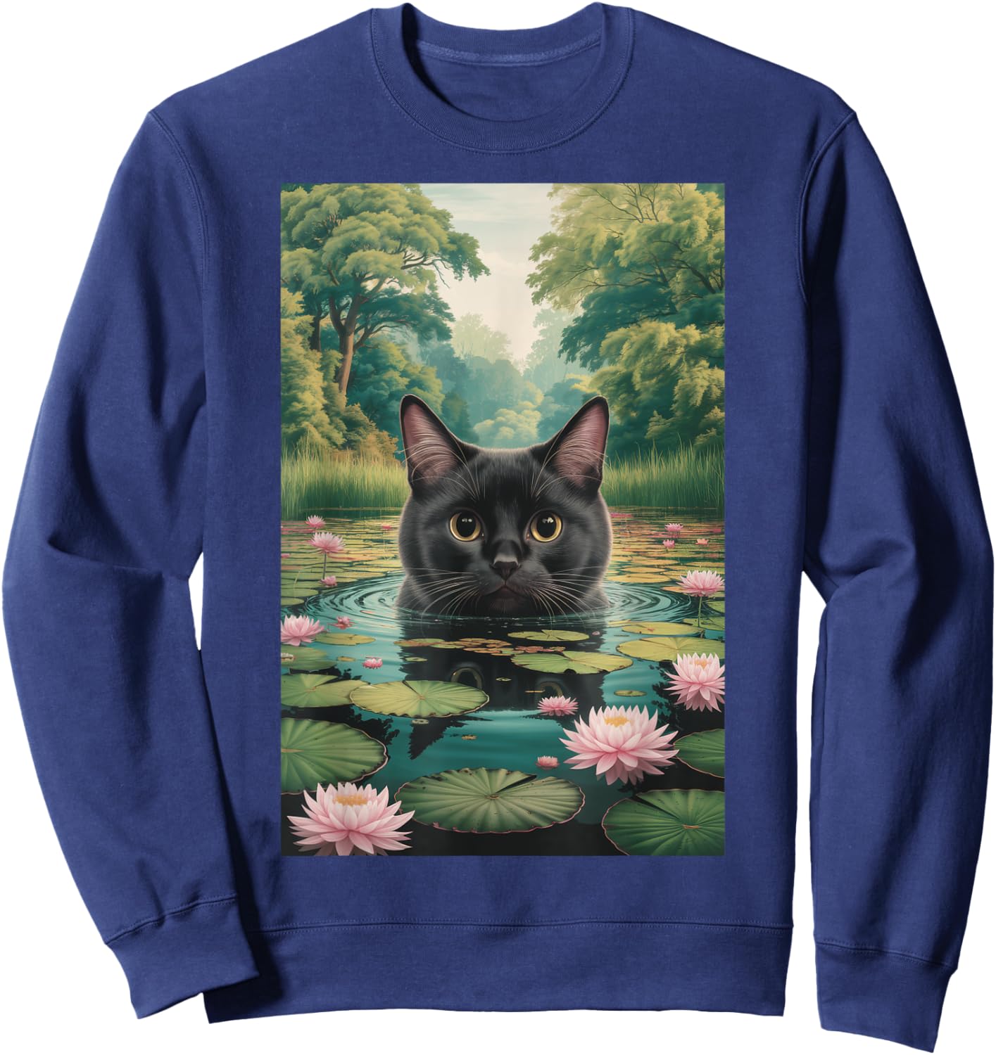 Black Cat Monets Waterlily Painting Art Cat Sweatshirt - Sweatshirt | Navy