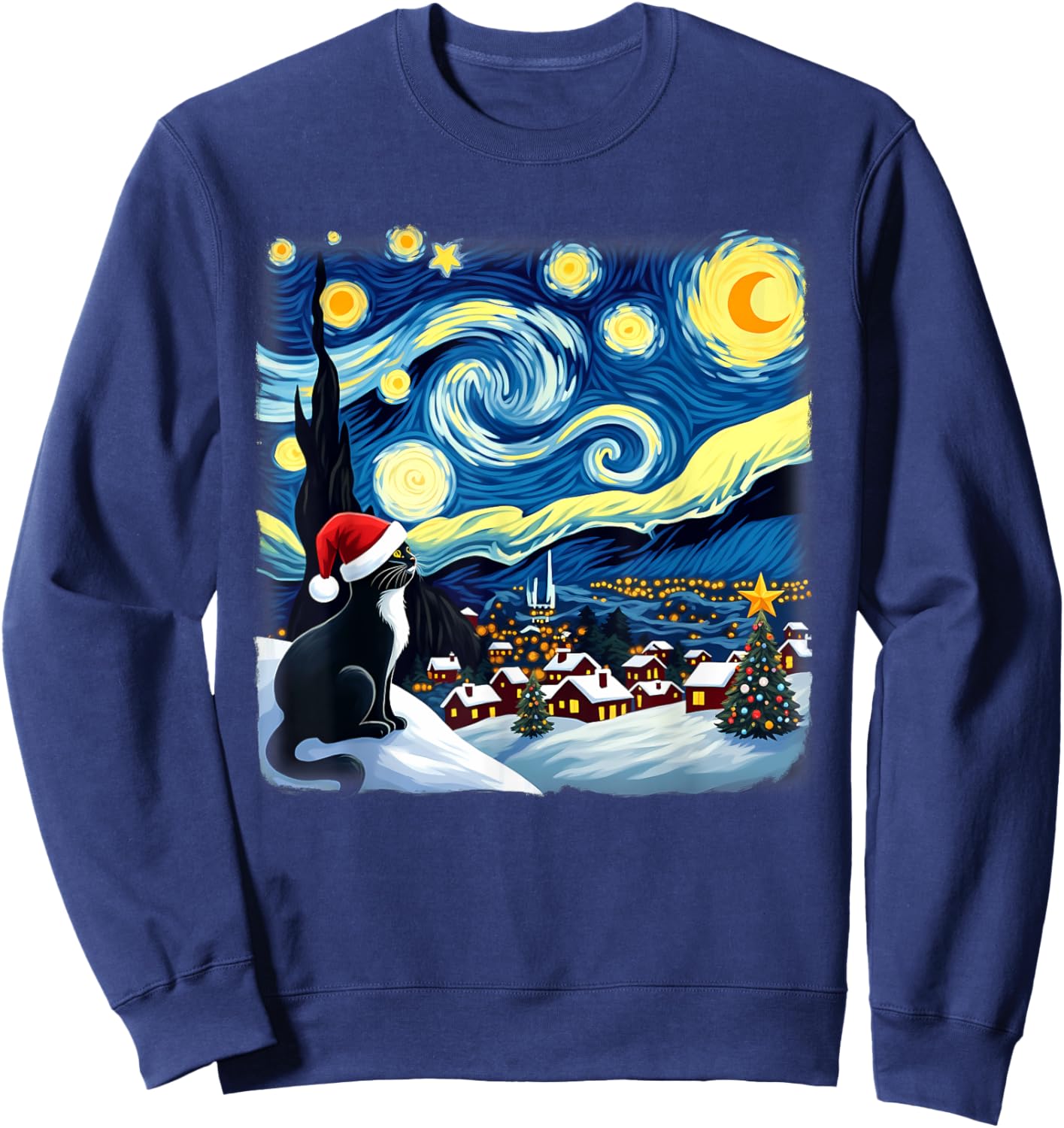 Christmas Tuxedo Cat Starry Night Men Women Kids Sweatshirt - Sweatshirt | Navy